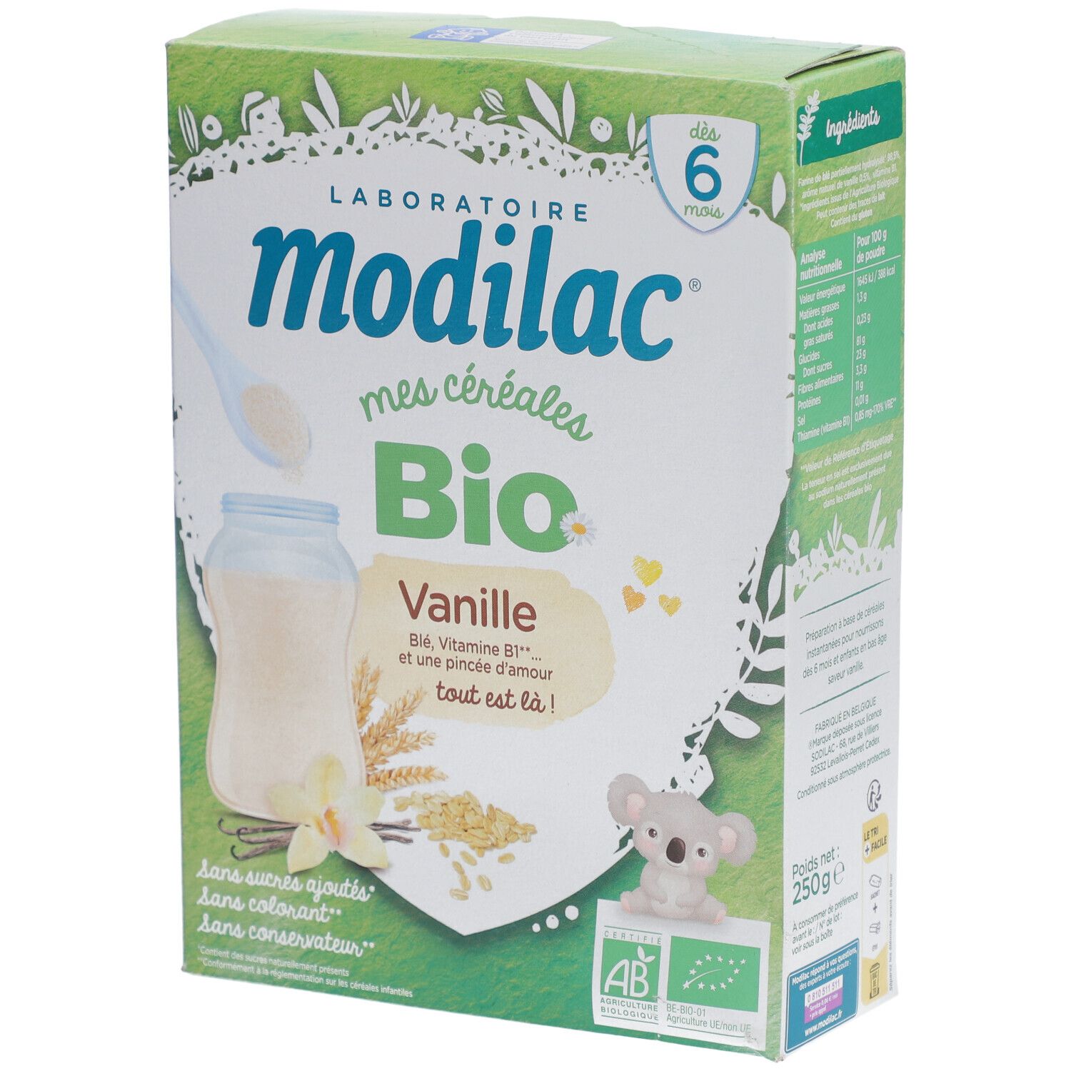 Boîte de Modilac Cerealien Vanille bio. Contient du texte, des illustrations et le label bio. 250g.