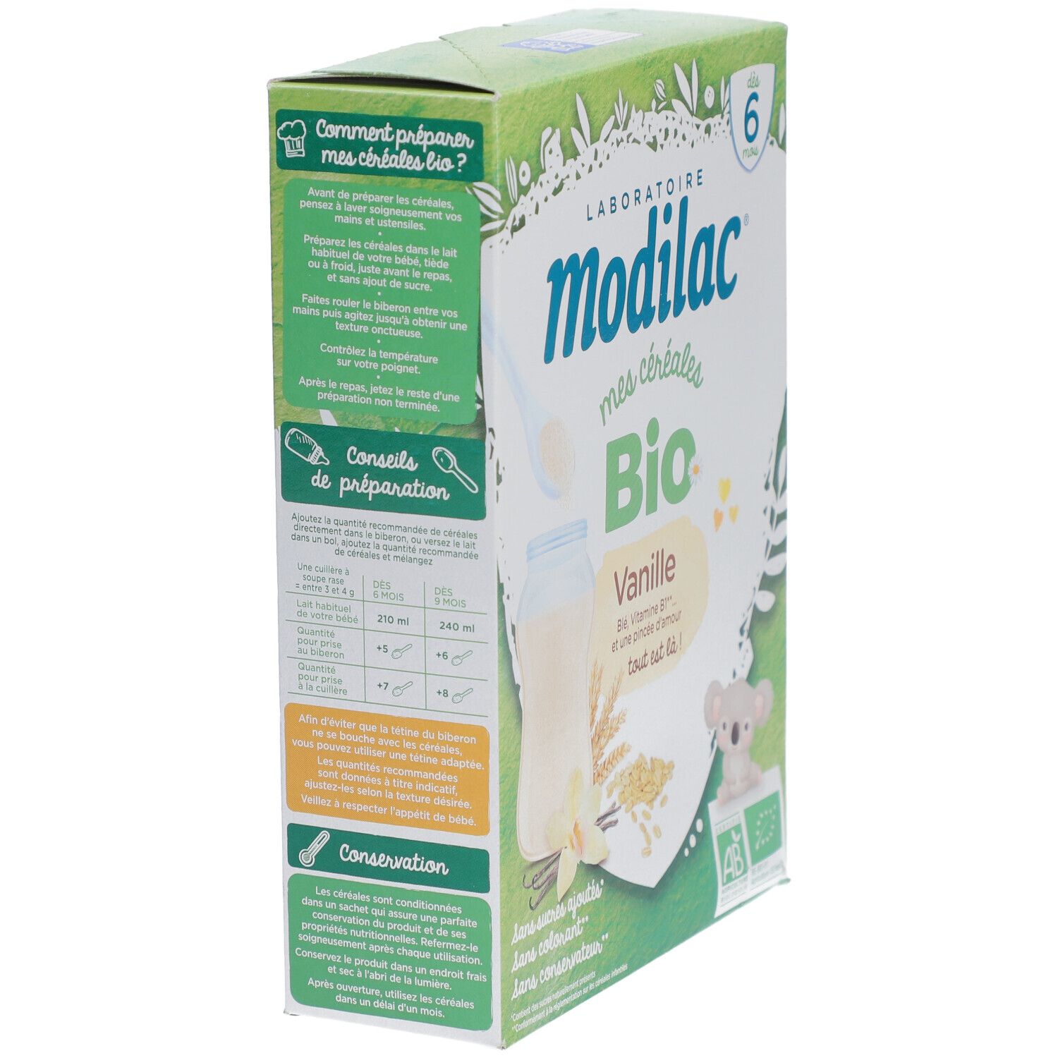 Vue latérale de la boîte Modilac Cerealien Vanille bio. Contient du texte, des illustrations et des instructions.