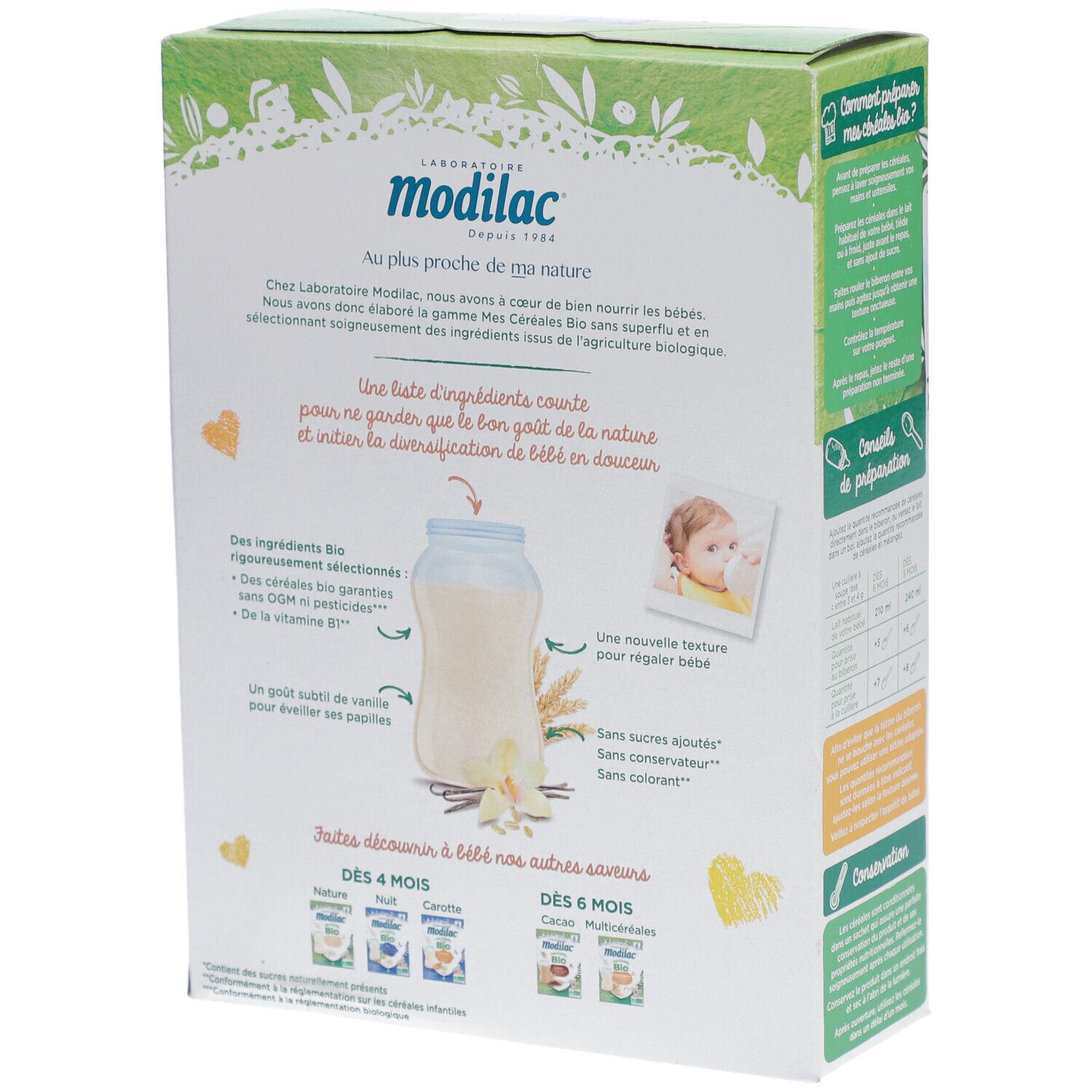 Dos de la boîte Modilac Cerealien Vanille bio. Contient du texte, des illustrations et des informations sur les ingrédients.