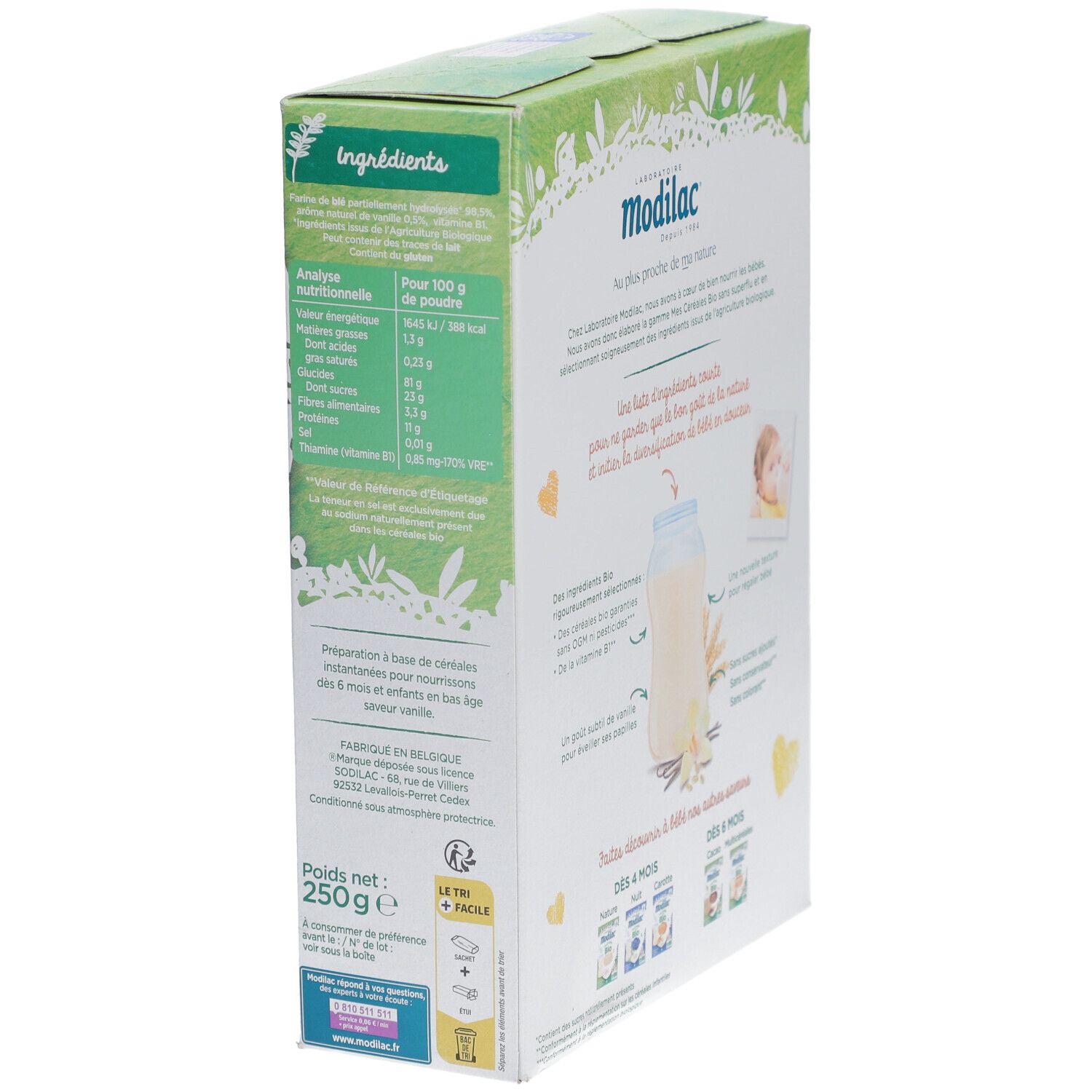 Vue latérale de la boîte Modilac Cerealien Vanille bio. Contient du texte, des informations nutritionnelles et des informations.