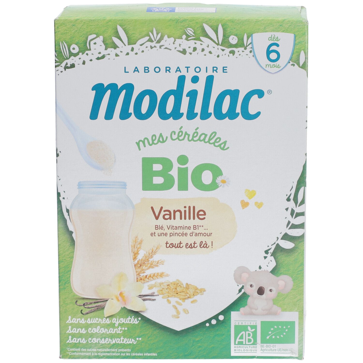 Face avant de la boîte Modilac Cerealien Vanille bio. Contient du texte, des illustrations et le label bio.