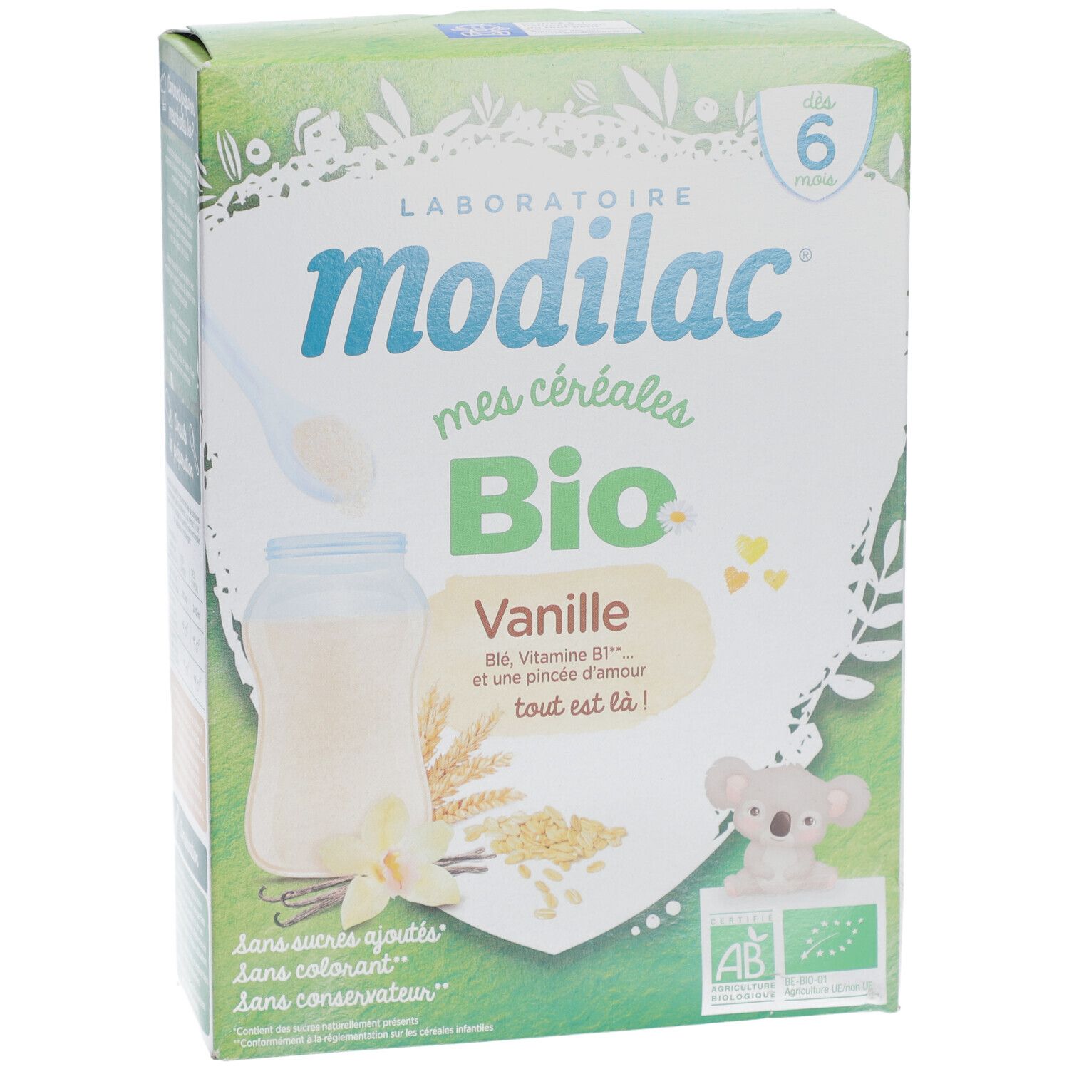 Face avant de la boîte Modilac Cerealien Vanille bio. Contient du texte, des illustrations et le label bio.