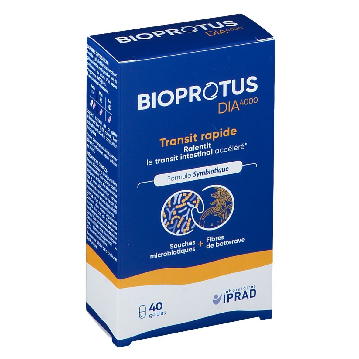 Boîte bleue et blanche BIOPROTUS DIA 4000, 40 gélules. Inscription: Transit rapide, Formule Symbiotique.