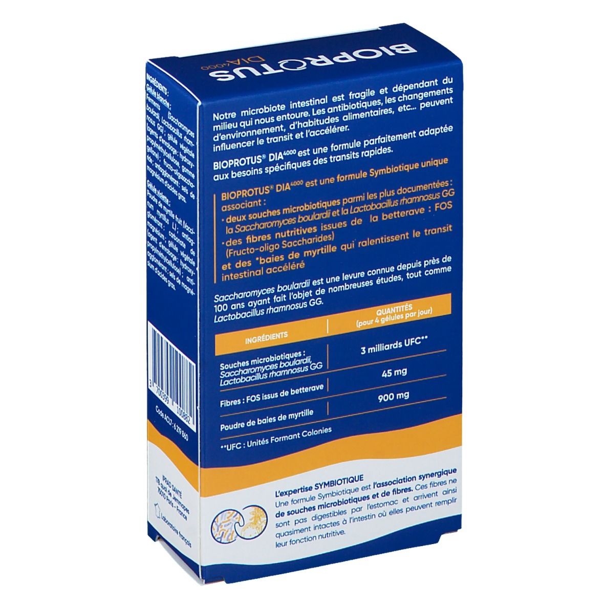 Boîte bleue BIOPROTUS DIA 4000. Informations sur ingrédients et dosage. Inscription: Formule Symbiotique.