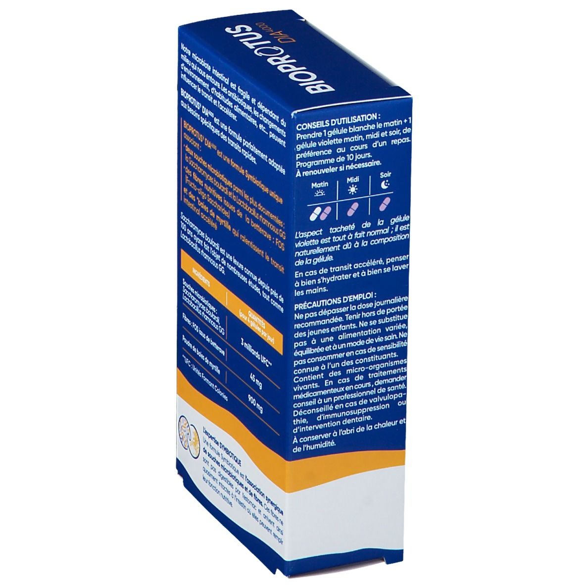 Boîte bleue BIOPROTUS DIA 4000. Conseils d'utilisation et précautions. Inscription: Formule Symbiotique.