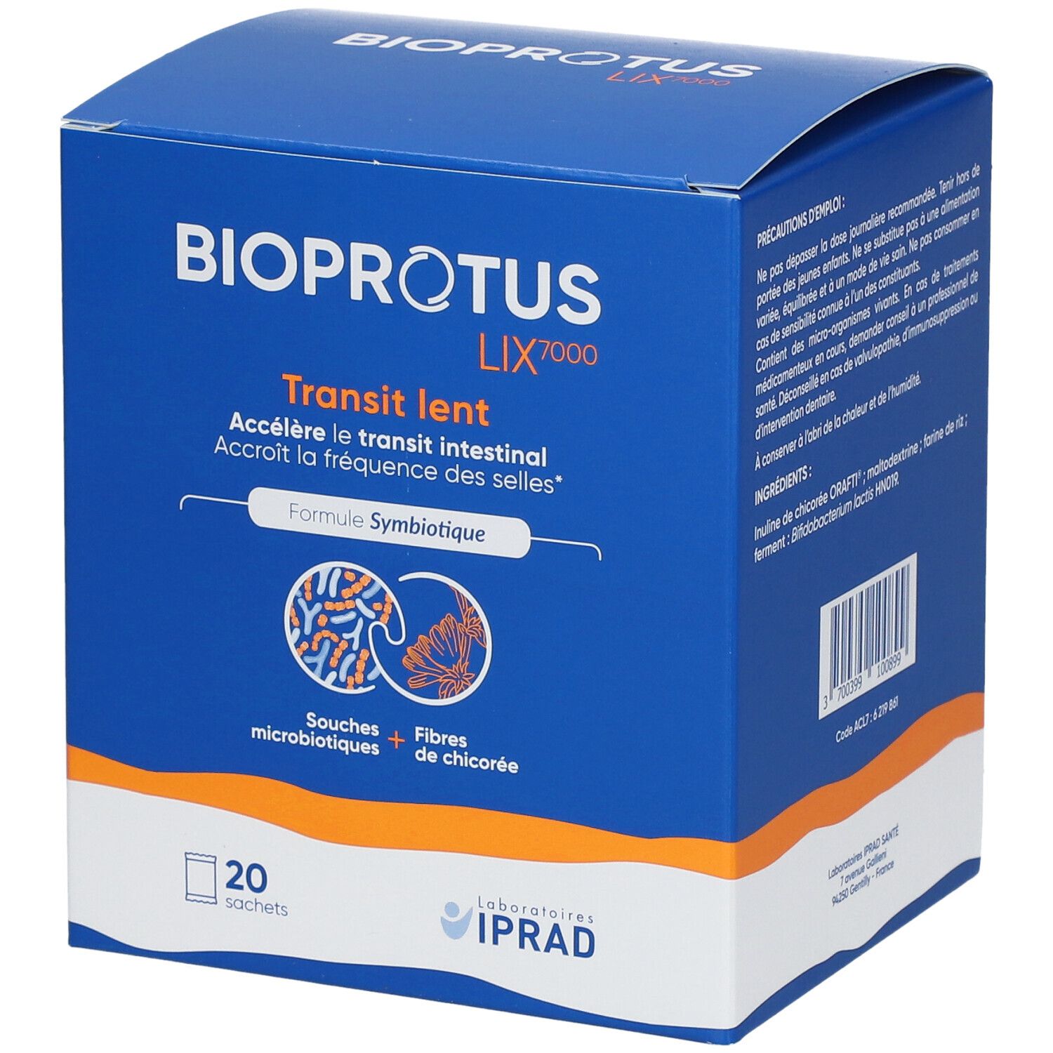 Boîte bleue et blanche avec nom et logo du produit. Texte: Transit lent, Accélère le transit intestinal. 20 sachets.