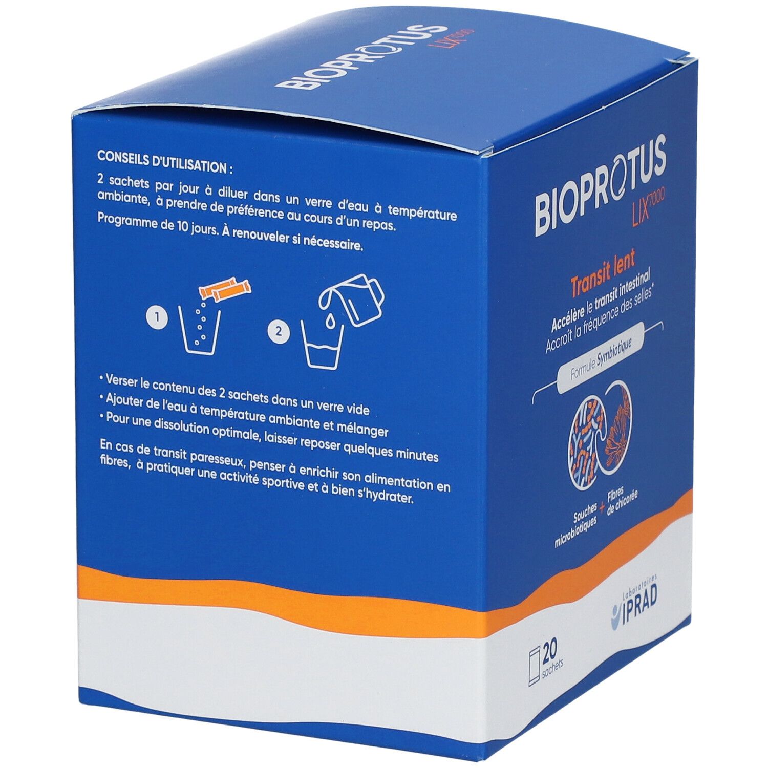 Boîte bleue, nom du produit en haut. Texte: Transit lent, Accélère le transit intestinal. 20 sachets. Mode d'emploi.