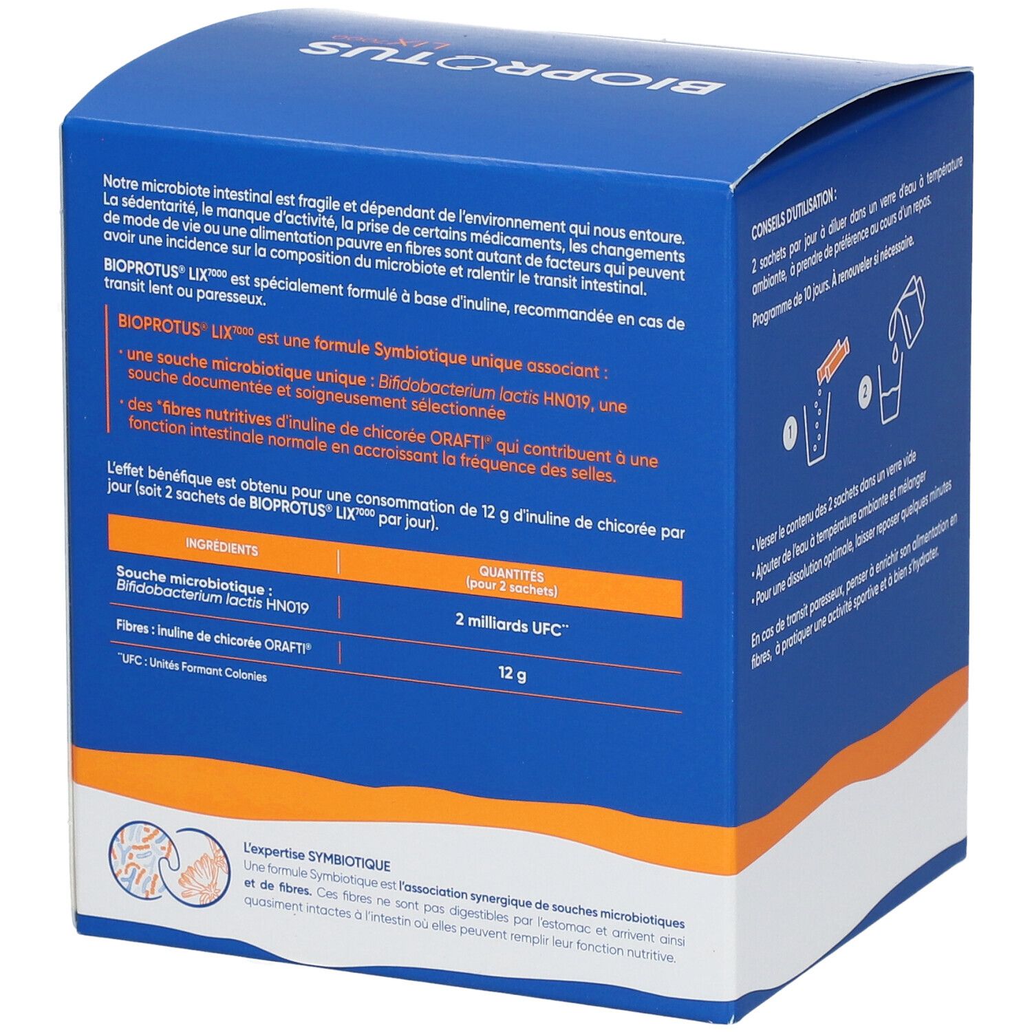 Boîte bleue, nom du produit en haut. Texte: Transit lent, Accélère le transit intestinal. Liste des ingrédients et informations nutritionnelles.