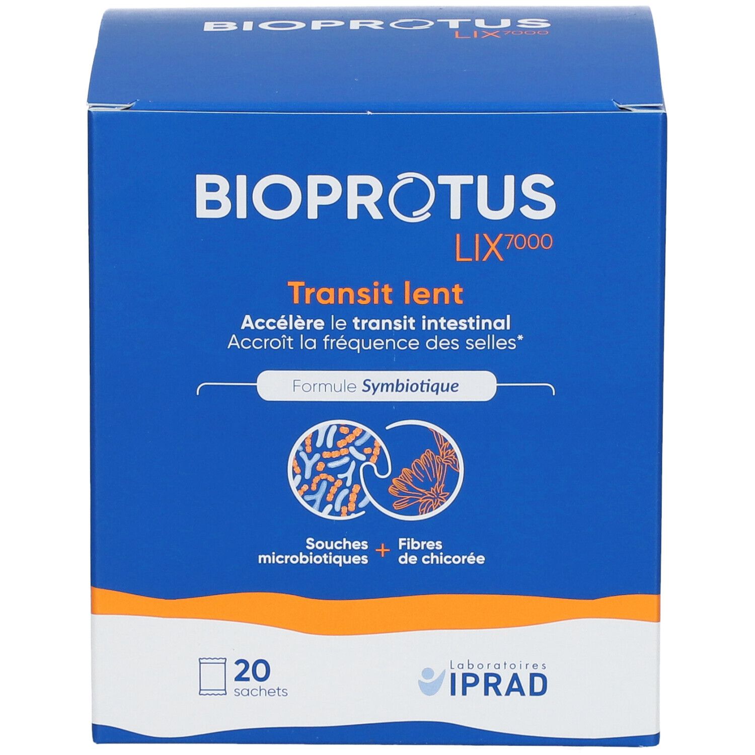 Boîte bleue avec nom et logo du produit. Texte: Transit lent, Accélère le transit intestinal. 20 sachets.