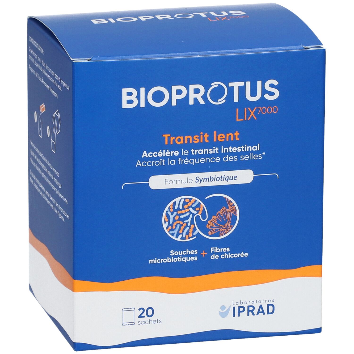 Boîte bleue avec nom et logo du produit. Texte: Transit lent, Accélère le transit intestinal. 20 sachets.