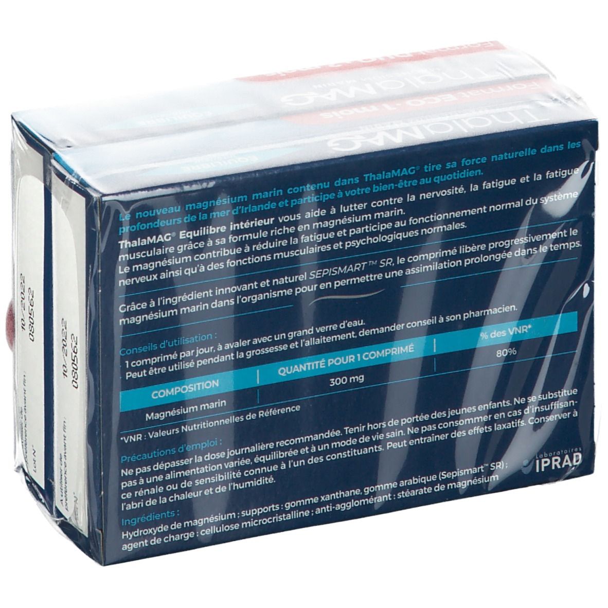 Verso de l'emballage ThalaMAG Magnesium. Informations textuelles, ingrédients et posologie. Couleurs bleu et blanc.