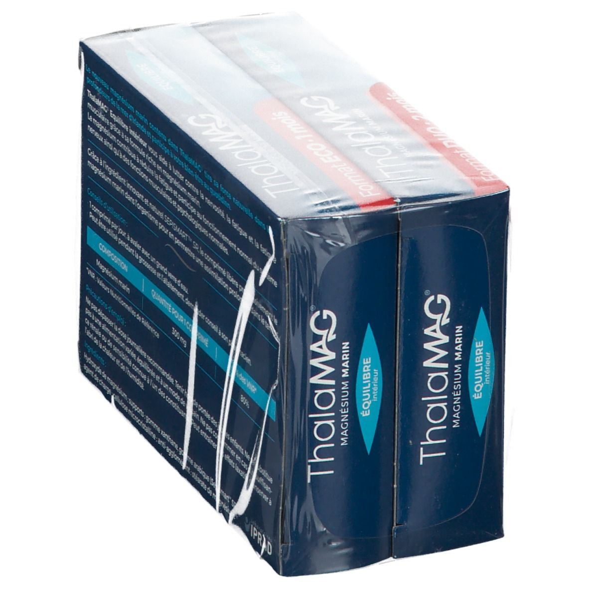Emballages ThalaMAG Magnesium, format Duo. Plusieurs boîtes emballées dans un film transparent. Couleurs bleu et blanc.