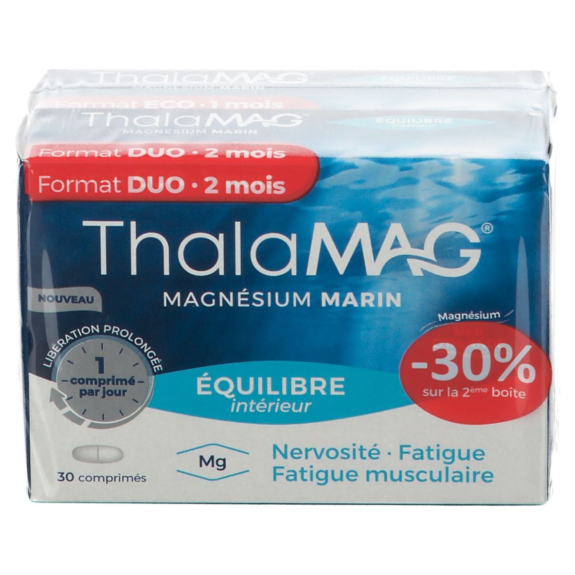 Emballage ThalaMAG Magnesium. Format DUO, 2 mois. Boîte bleue et blanche avec informations produit et logo.