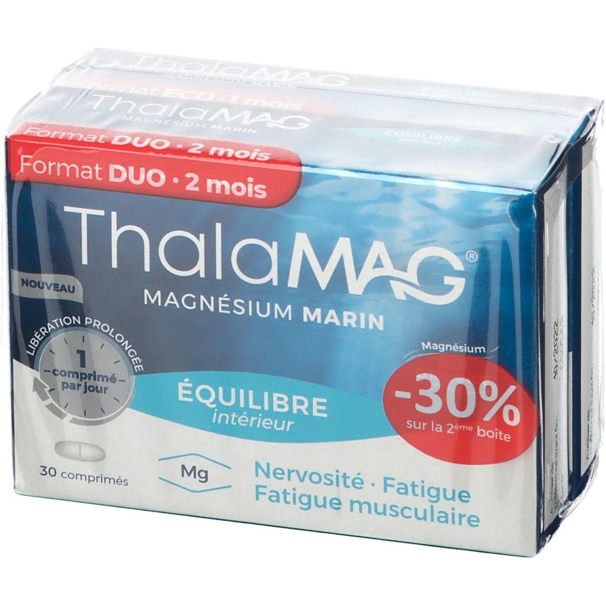 Emballage ThalaMAG Magnesium, format Duo. Plusieurs boîtes en film transparent. Couleurs bleu et blanc.