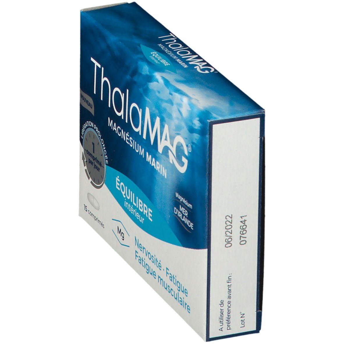 Boîte ThalaMAG, emballage bleu. Magnésium Marin. Vue latérale avec texte et date 06/2022.