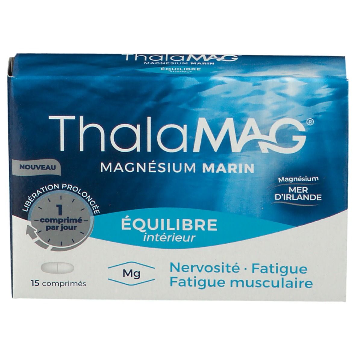 Boîte bleue ThalaMAG, Magnésium Marin. 15 comprimés. Pour l'équilibre intérieur. Texte et logo.