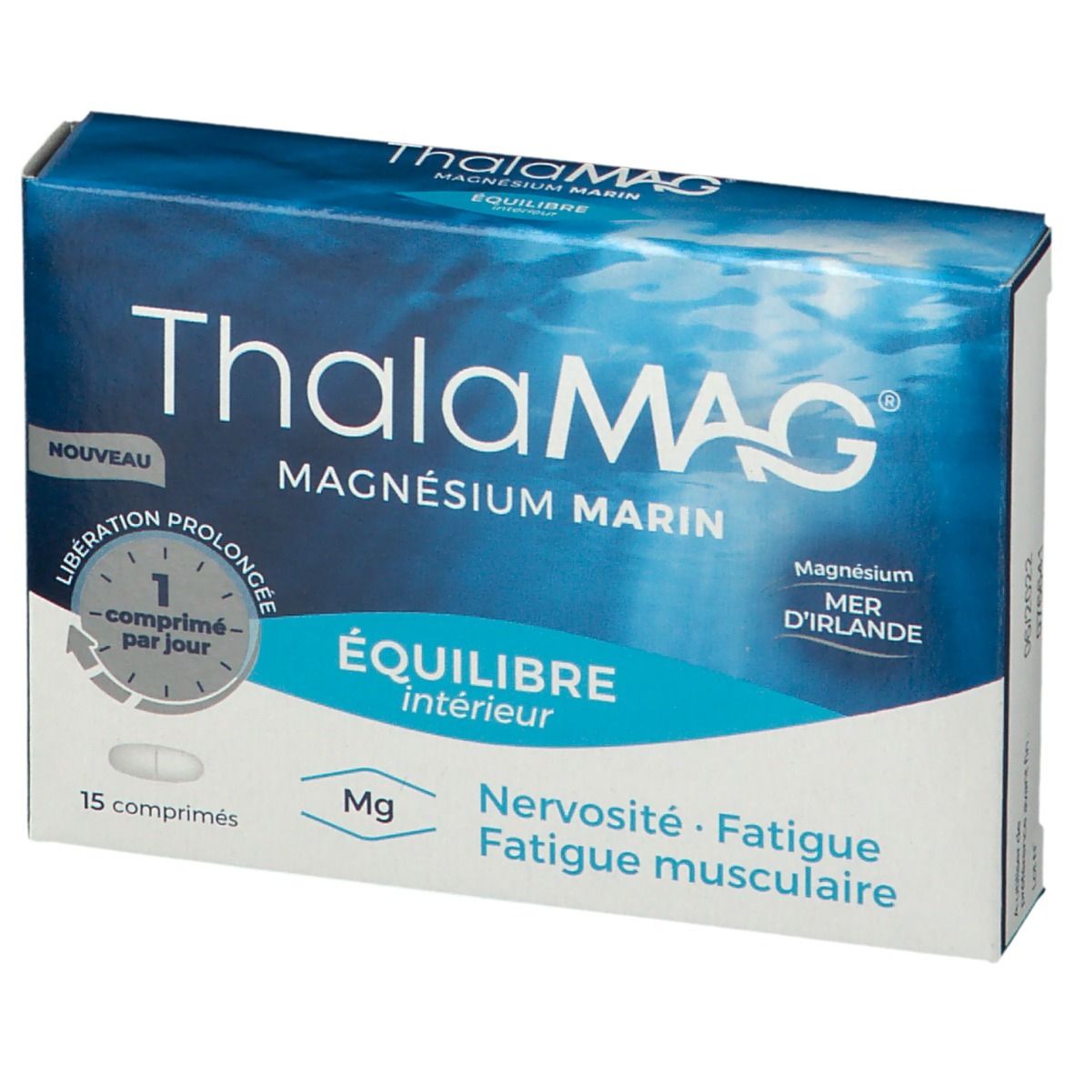 Boîte bleue ThalaMAG, Magnésium Marin. 15 comprimés. Pour l'équilibre intérieur. Texte et logo.