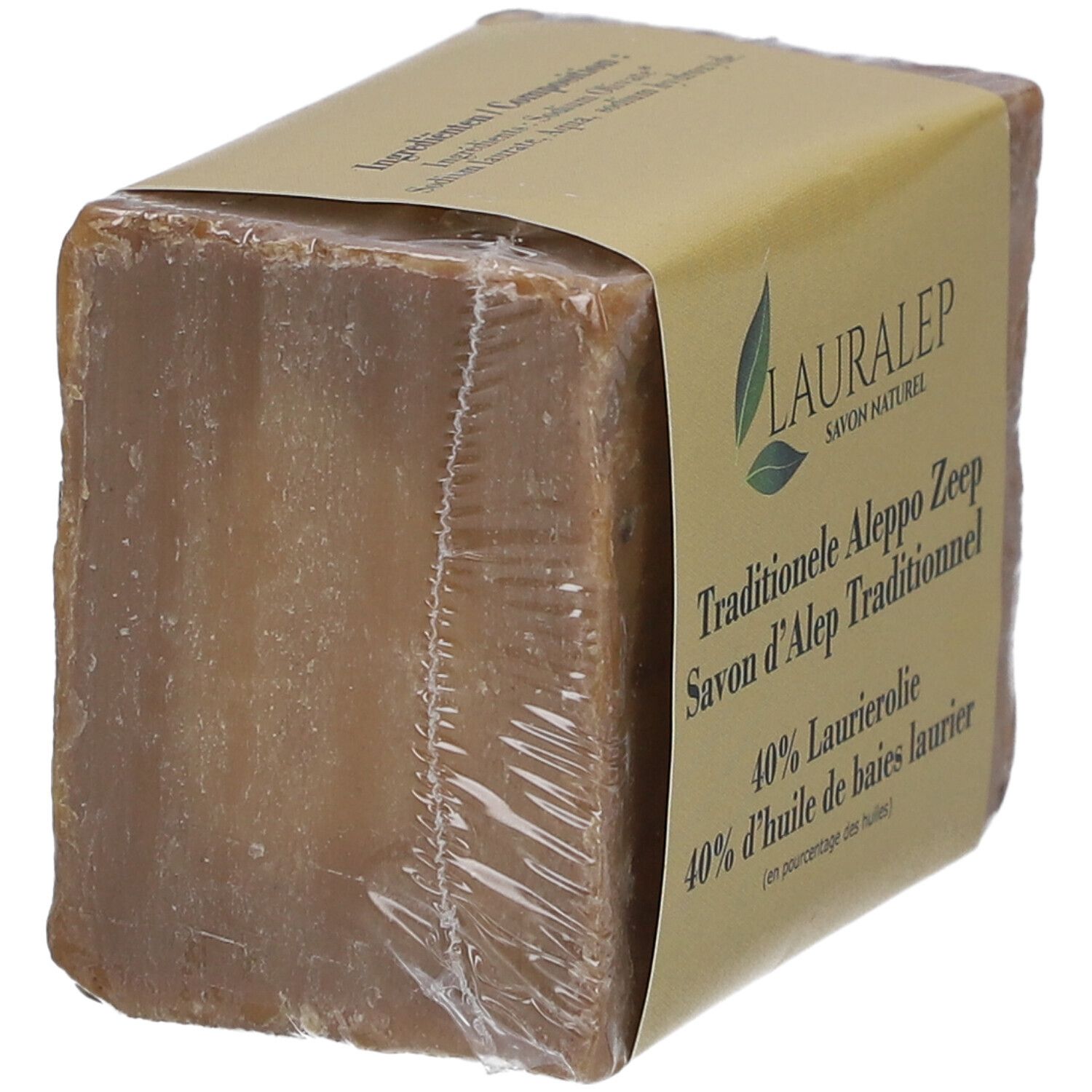 Rechteckiger Seifenblock in Folie. Verpackung mit Text: Traditionelle Aleppo Zeep, 40% Lorbeeröl.