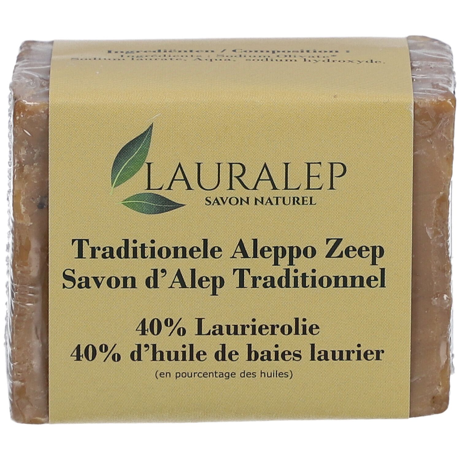 Rechteckiger Seifenblock in Folie. Auf der Verpackung: LAURALEP, Savon d'Alep, 40% Lorbeeröl.