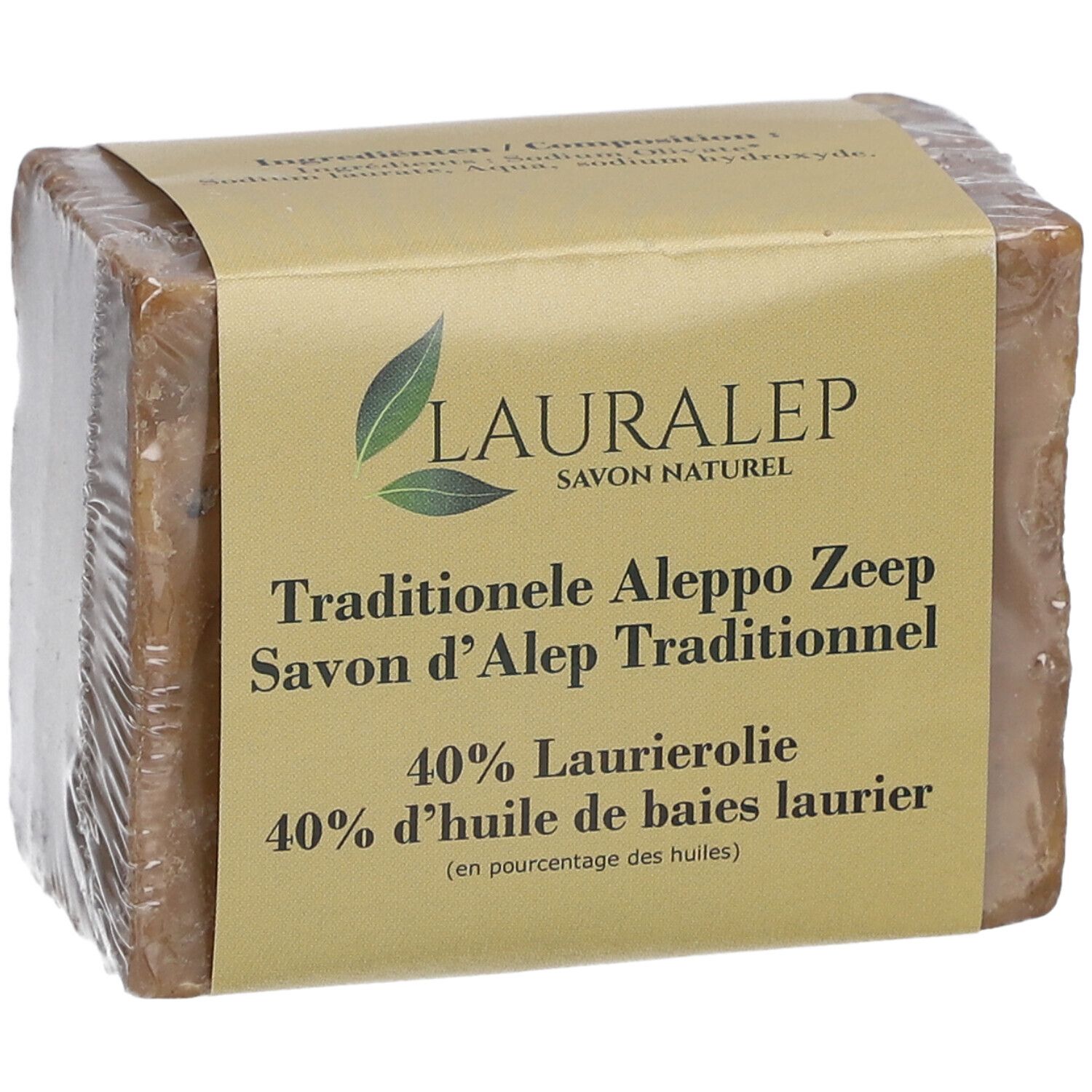Rechteckiger Seifenblock in Folie. Auf der Verpackung: LAURALEP, Savon d'Alep, 40% Lorbeeröl.