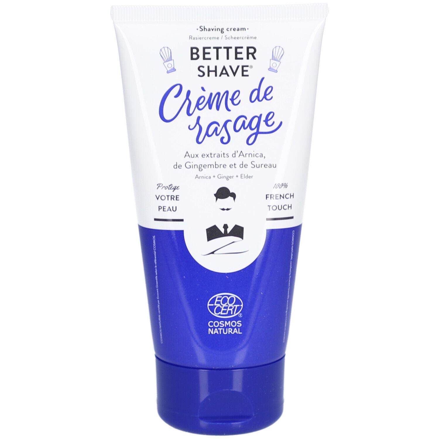 Weiße Tube mit blauer Kappe. Aufschrift: Better Shave Crème de rasage. Enthält Extrakte aus Arnika, Ingwer und Holunder. Ecocert Cosmos Natural.