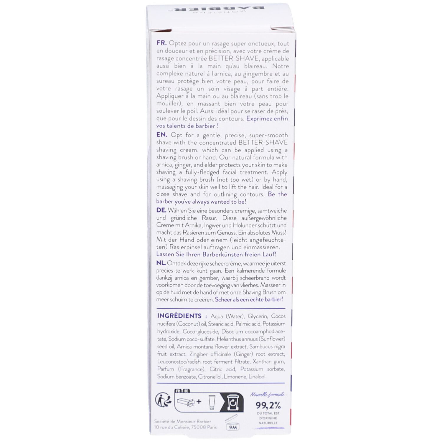 Rückseite der Verpackung. Text in mehreren Sprachen. Informationen zu Anwendung und Inhaltsstoffen. Vegan, tierversuchsfrei.