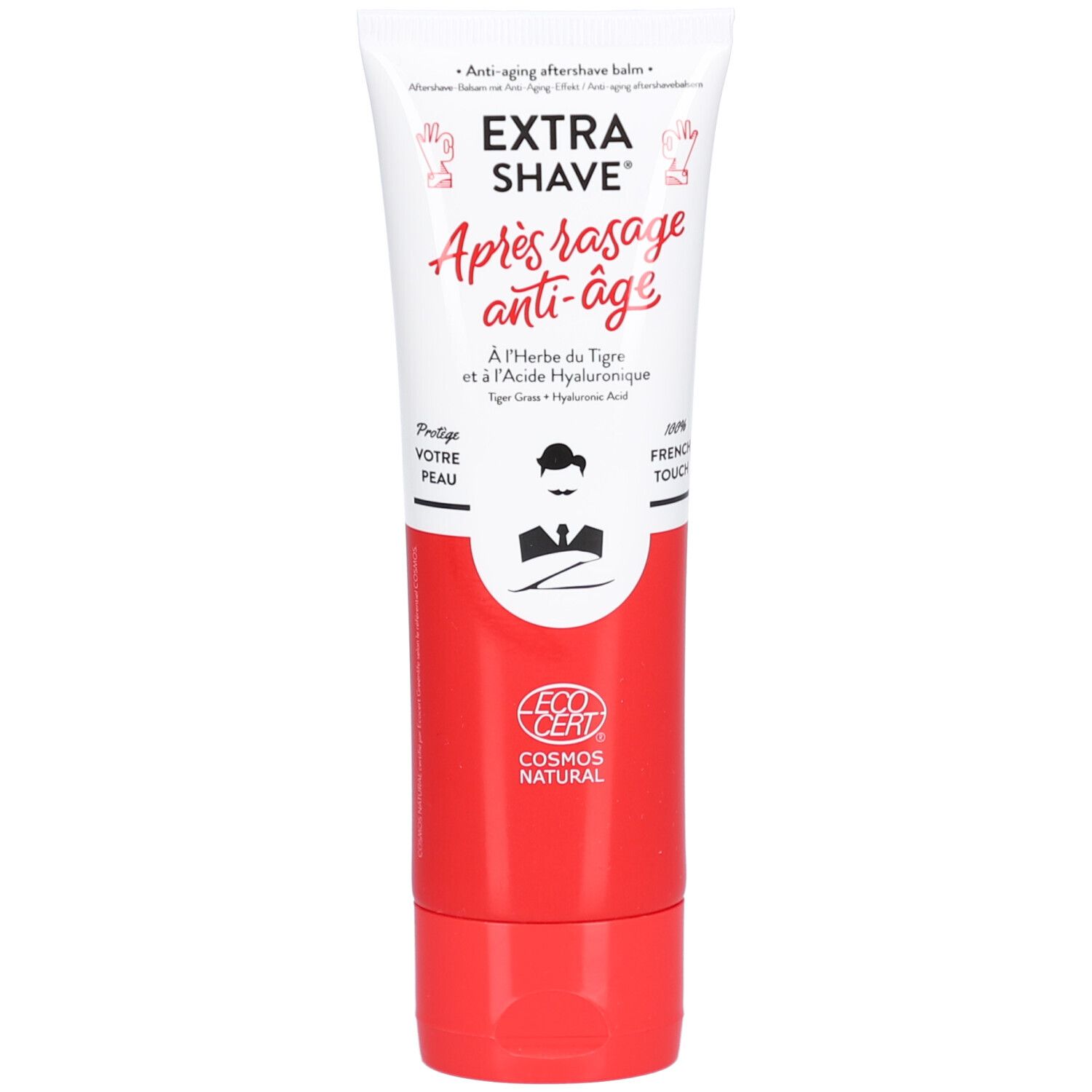 Weiße Tube mit rotem Deckel. Aufschrift: EXTRA SHAVE, Après rasage anti-âge. Logo: Mann mit Schnurrbart. Zertifizierung: COSMOS NATURAL.