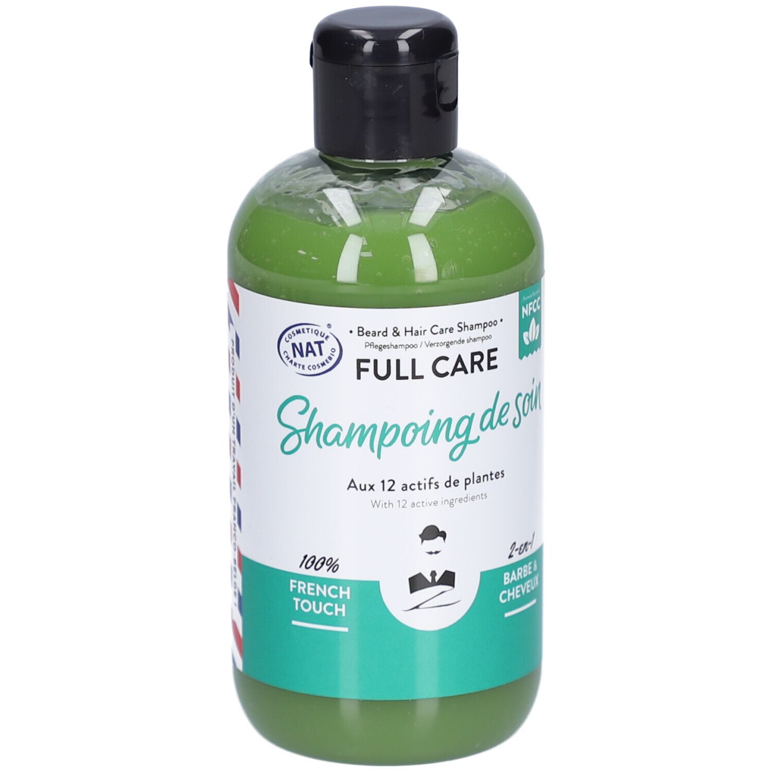 Grünes Shampoo in einer transparenten Flasche mit schwarzem Deckel. Aufschrift: FULL CARE, 2-in-1 Bart- und Haarshampoo.