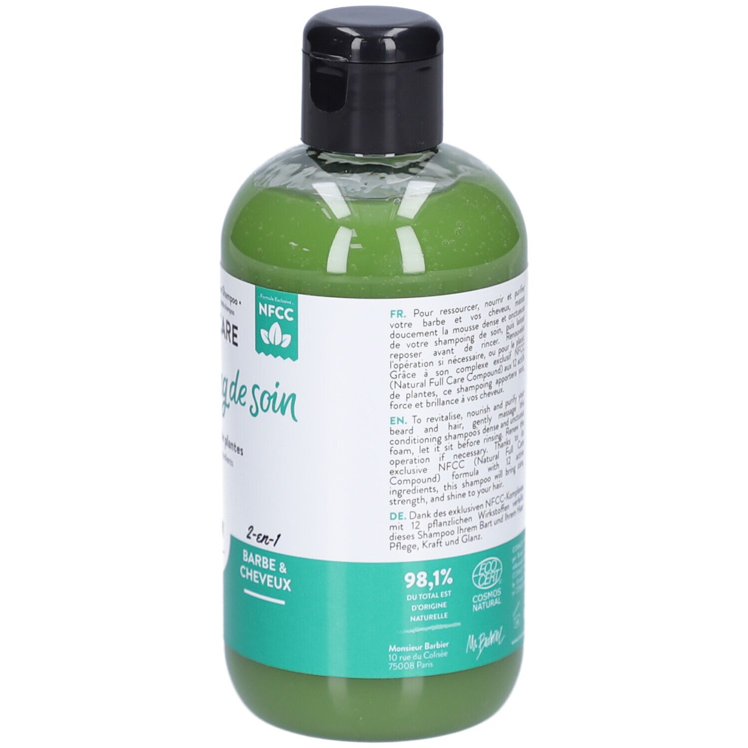 Rückseite der Shampoo-Flasche. Text mit Inhaltsstoffen und Anwendungshinweisen. Zertifizierungen. 98,1% natürlich.