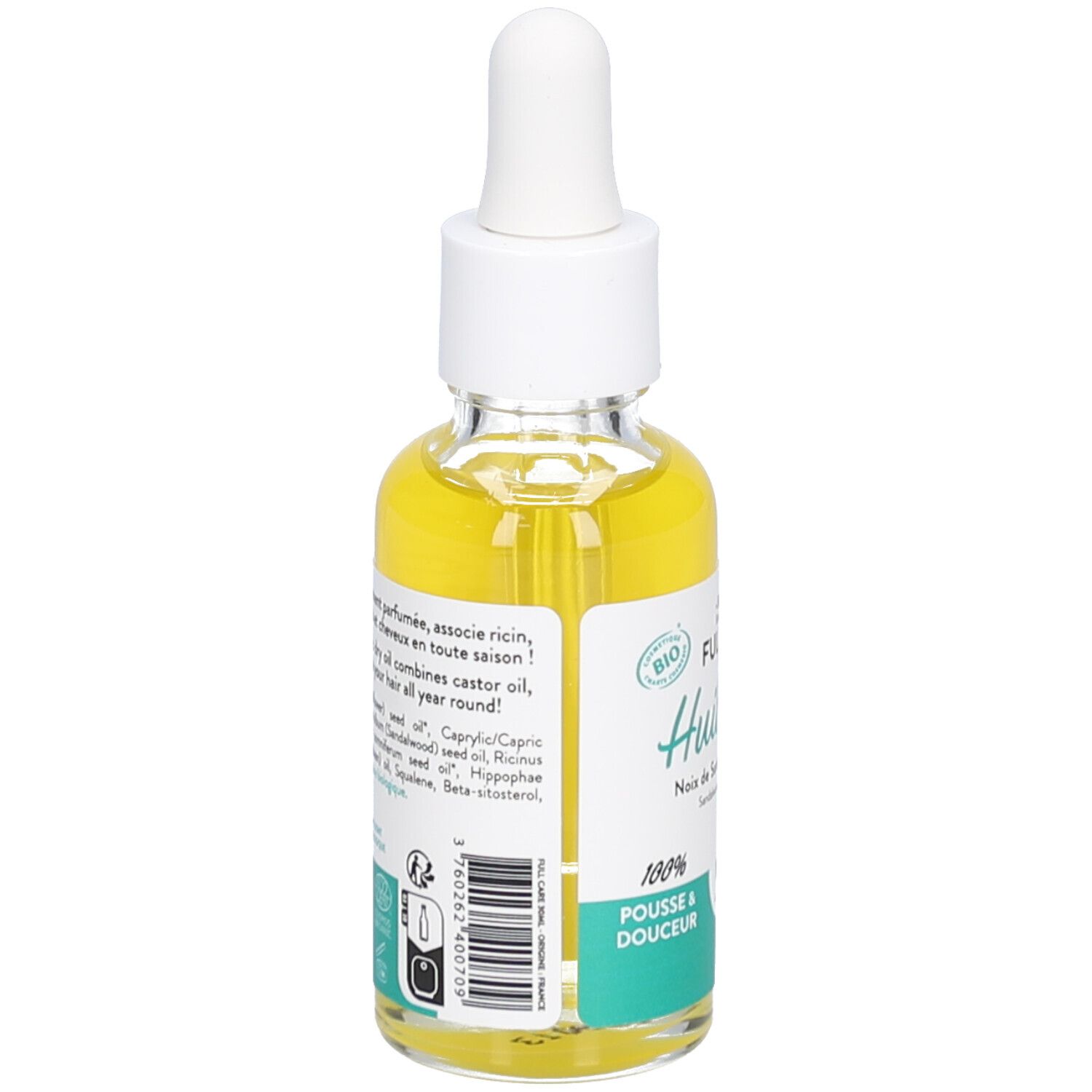 Glasflasche mit gelbem Öl und Pipette. Bio-Zertifizierung. Text: Huile sèche, 100% Pousse & douceur.