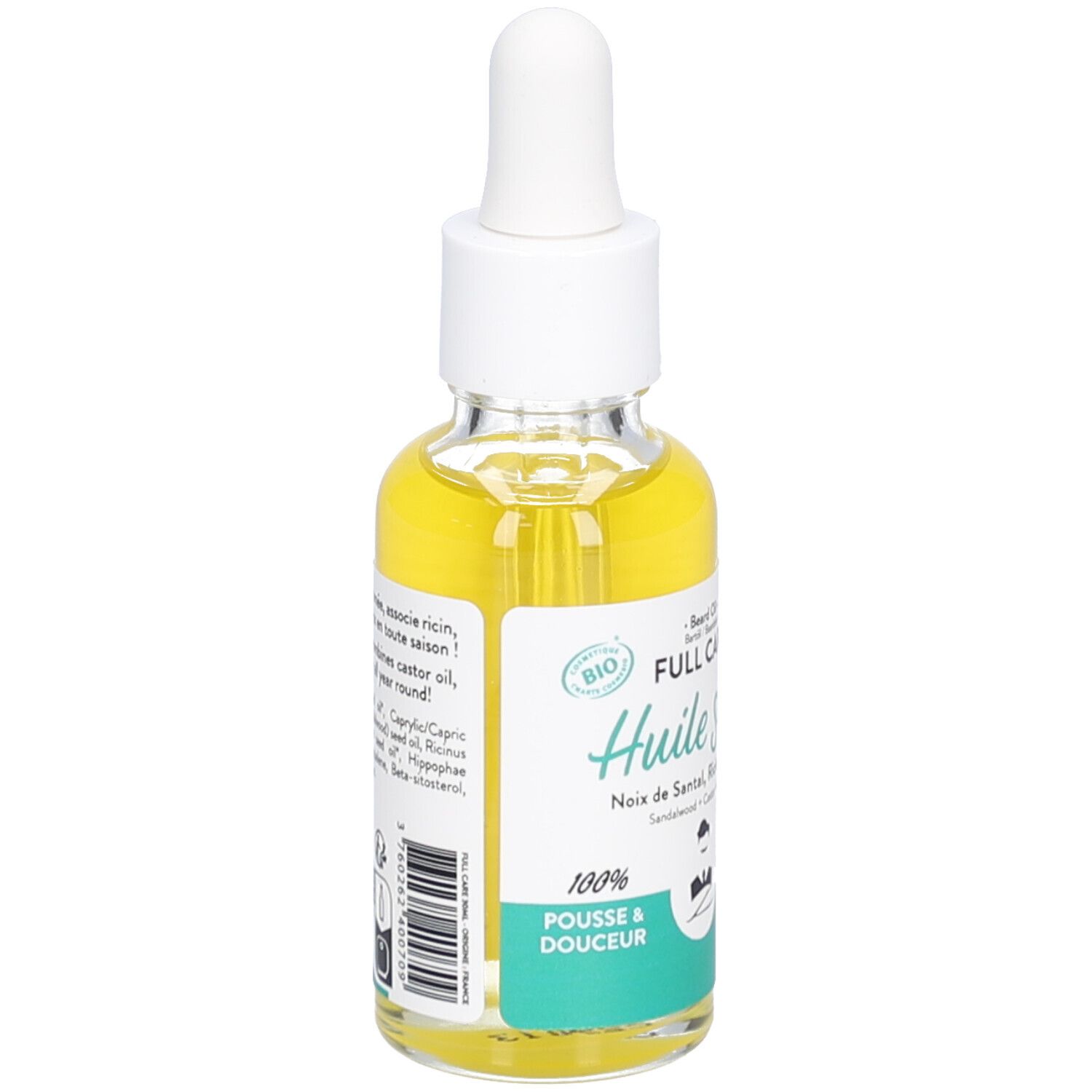 Glasflasche mit gelbem Öl und Pipette. Bio-Zertifizierung. Text: Huile sèche, 100% Pousse & douceur.