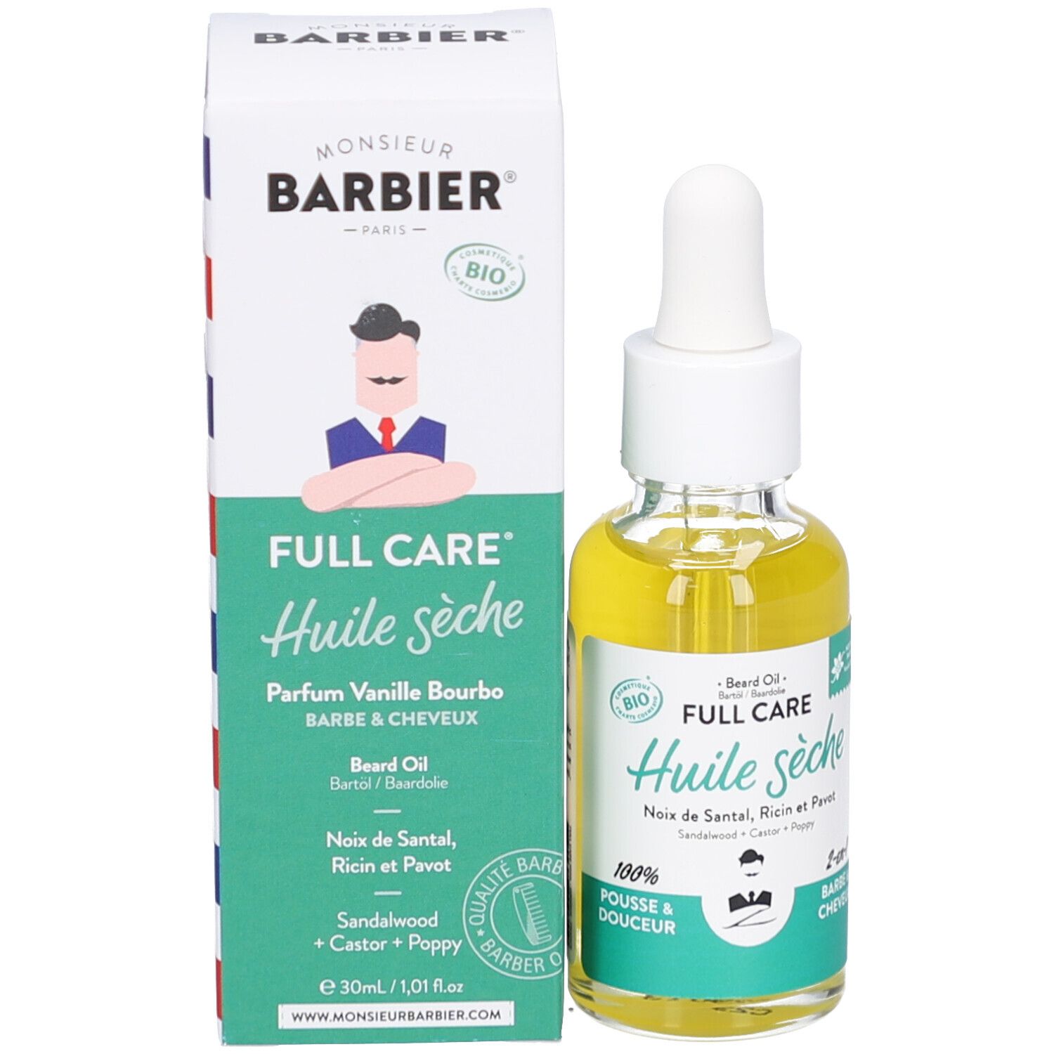 Produktverpackung und Flasche mit gelbem Öl und Pipette. Text: Monsieur BARBIER, Huile sèche, 30ml.