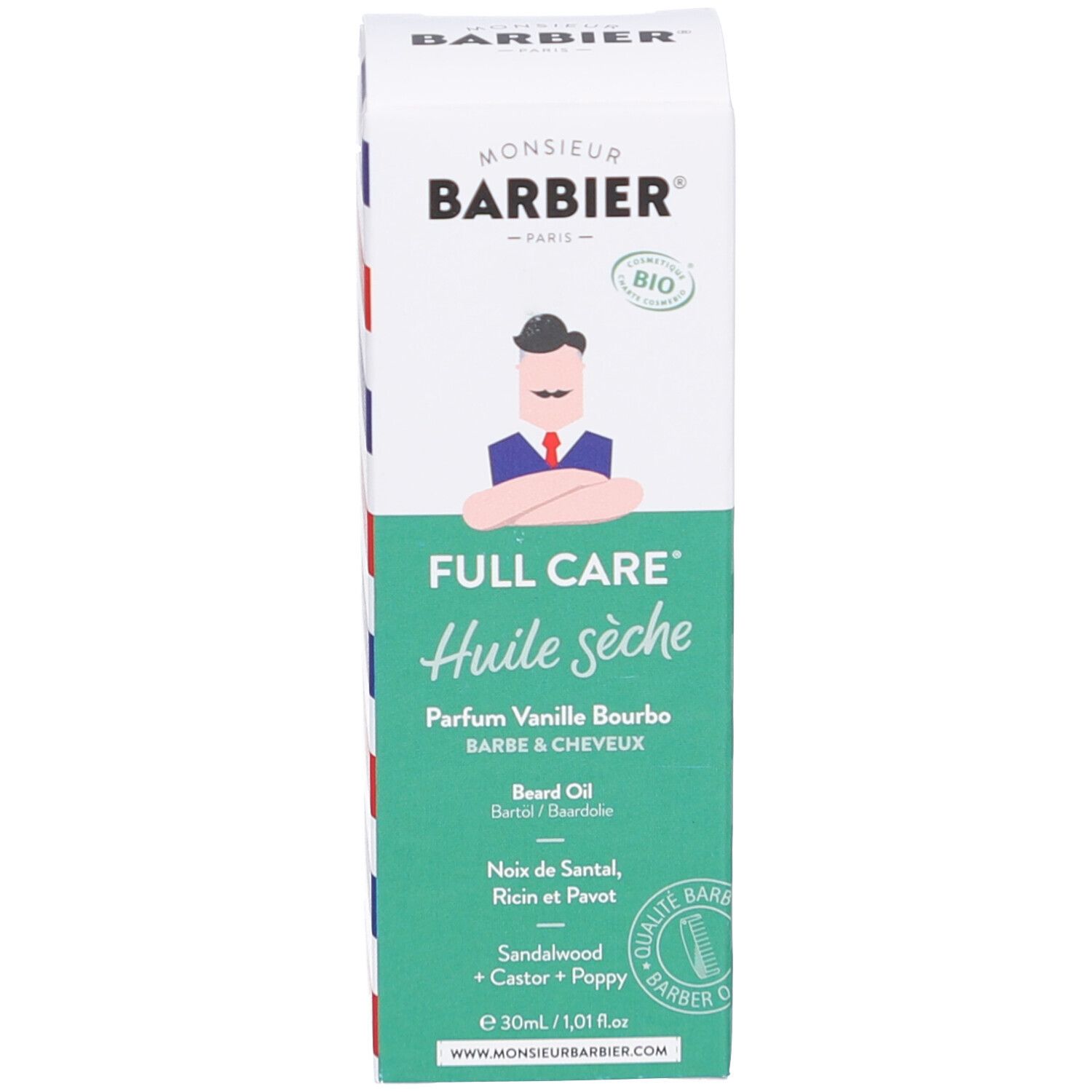 Produktverpackung. Text: Monsieur BARBIER, Huile sèche, Parfum Vanille Bourbo, Barbe & Cheveux, 30ml.