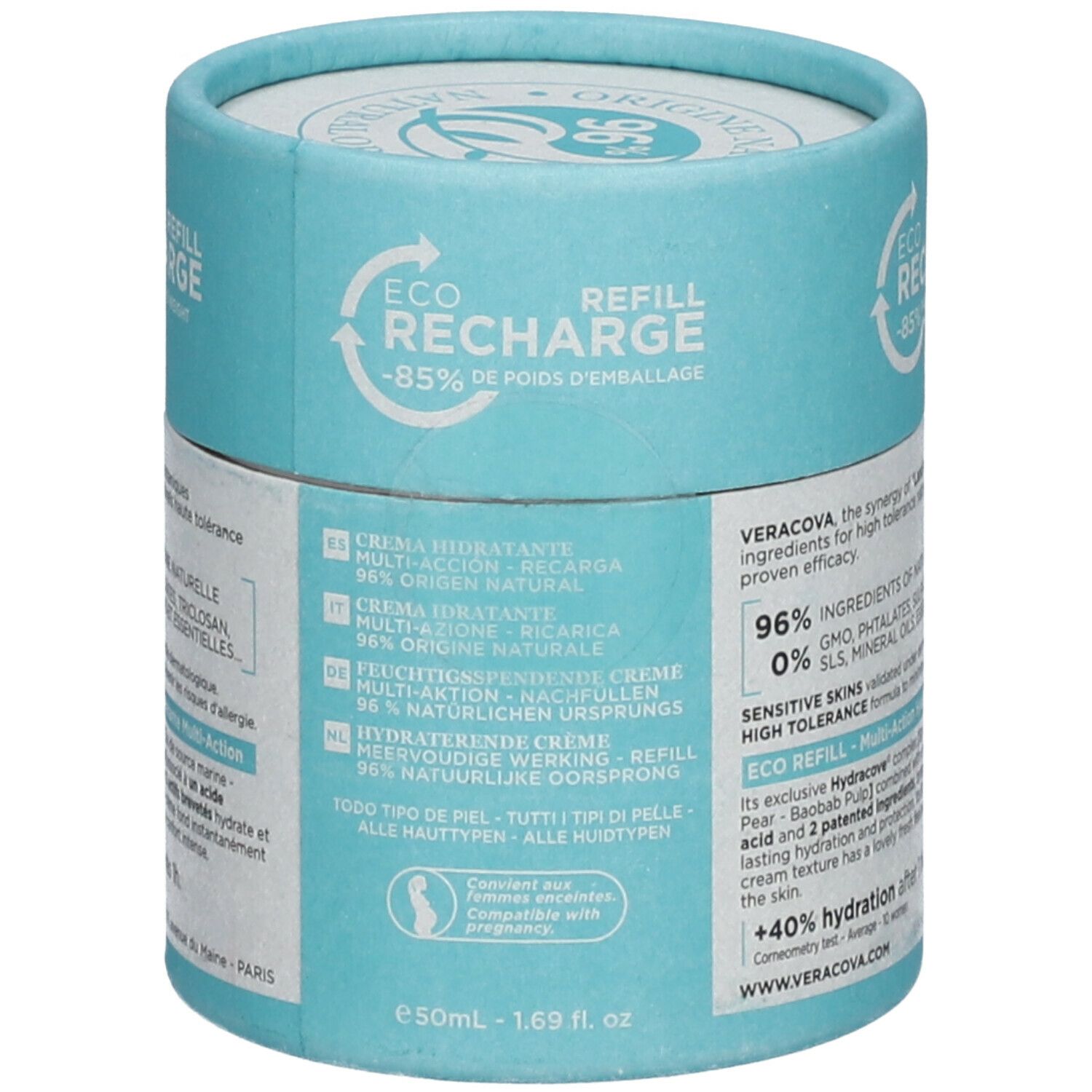 Emballage cylindrique. Texte: Eco Recharge, -85% de poids d'emballage. Texte multilingue: Crème Hydratante, Hydratatiecrème.
