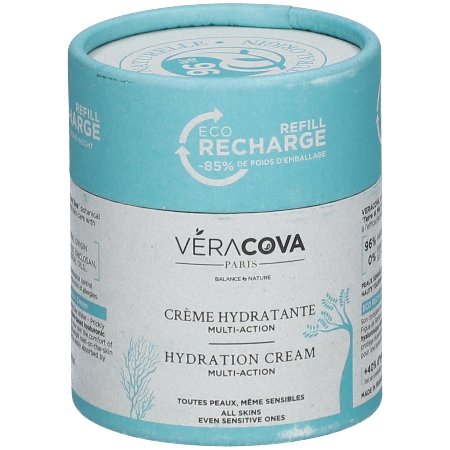 Emballage cylindrique. VERACOVA Crème Hydratante Multi-Action. Texte: Crème Hydratante, Hydration Cream. Pour tous types de peaux.