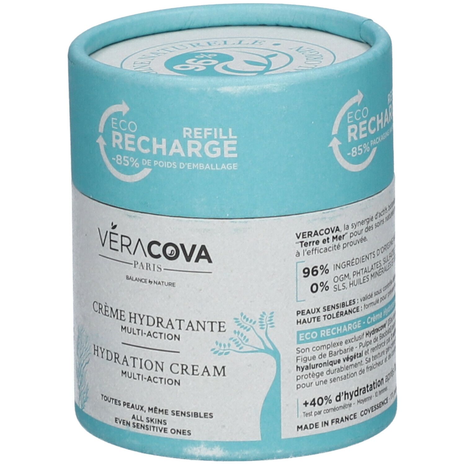 Emballage cylindrique. VERACOVA Crème Hydratante Multi-Action. Texte: Crème Hydratante, Hydration Cream. 96% ingrédients d'origine naturelle.