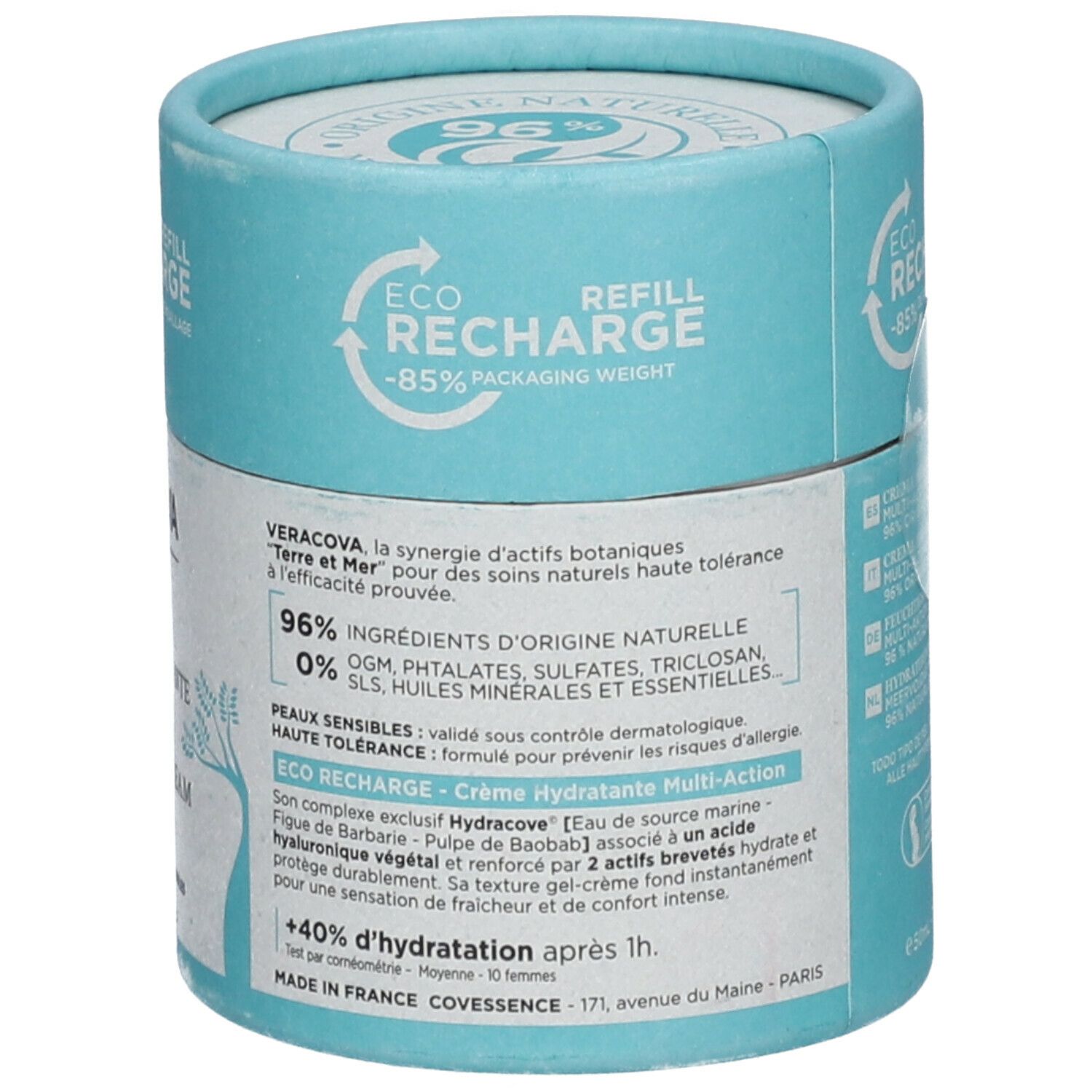 Emballage cylindrique. Texte: Eco Recharge, -85% de poids d'emballage. Ingrédients: 96% d'origine naturelle. Peaux sensibles.