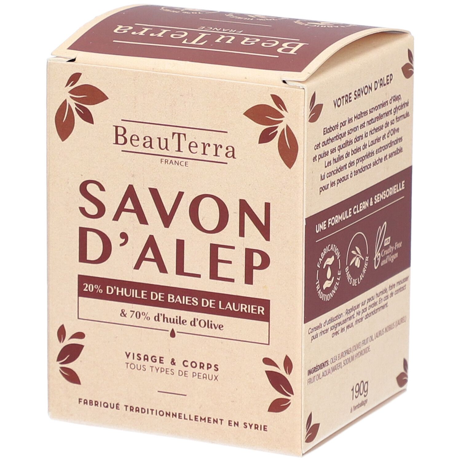 Boîte en carton "Savon d'Alep". Contient 20% huile de baies de laurier et 70% huile d'olive. Pour visage & corps, tous types de peaux.