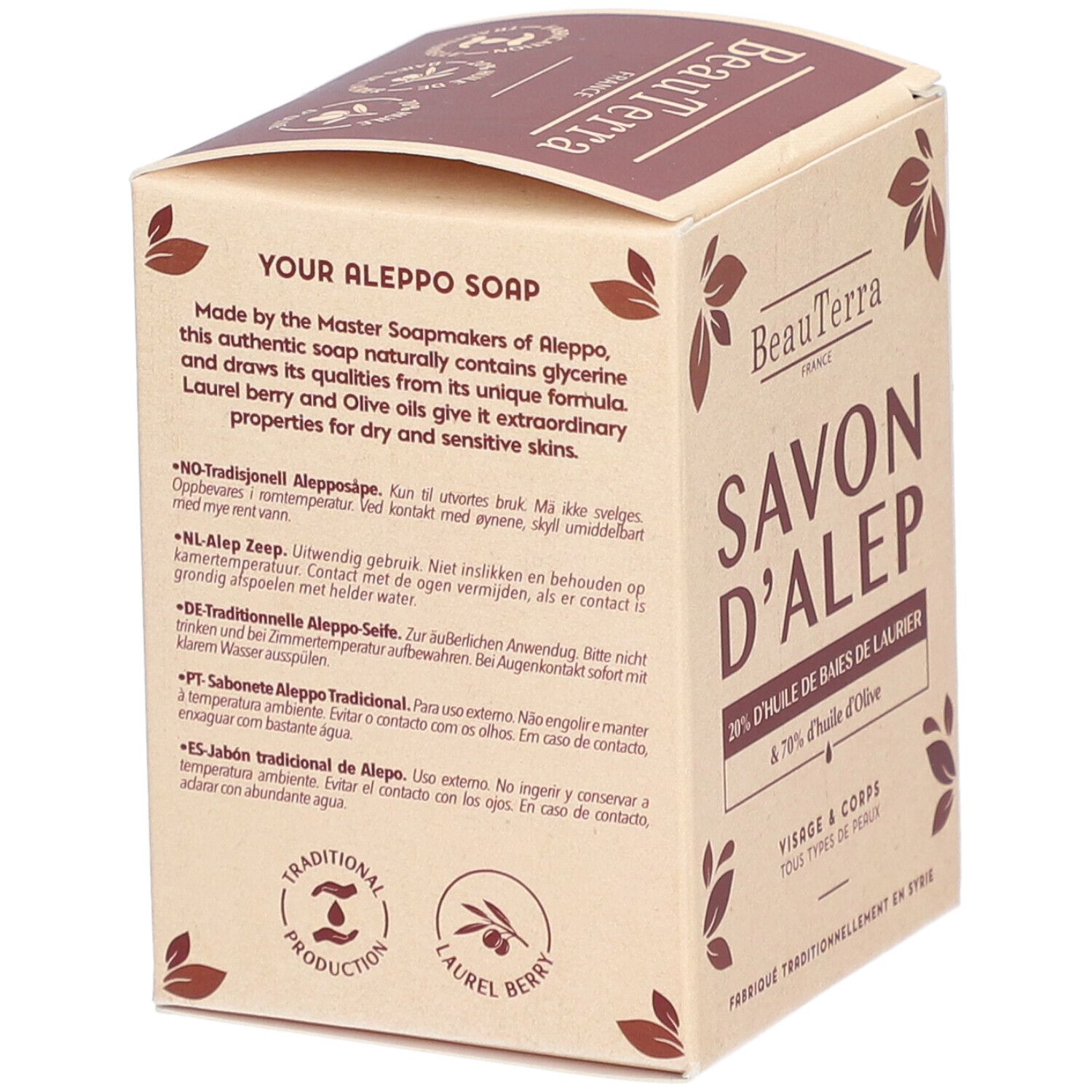 Boîte avec texte sur le savon d'Alep. Informations sur les ingrédients et l'utilisation. Labels de fabrication traditionnelle et baies de laurier.