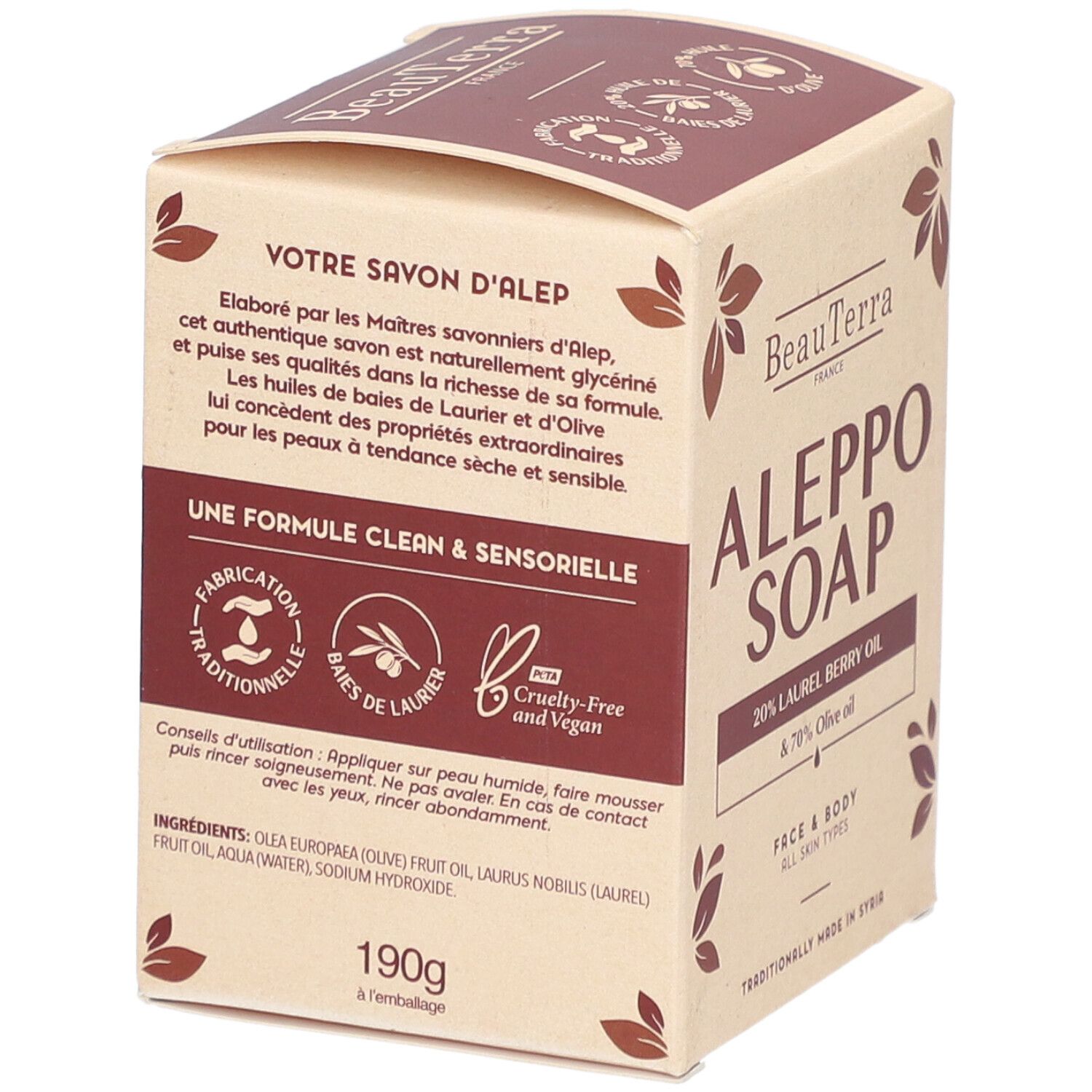 Boîte avec texte sur le savon d'Alep. Ingrédients et conseils d'utilisation. Labels de fabrication traditionnelle et Cruelty-Free.