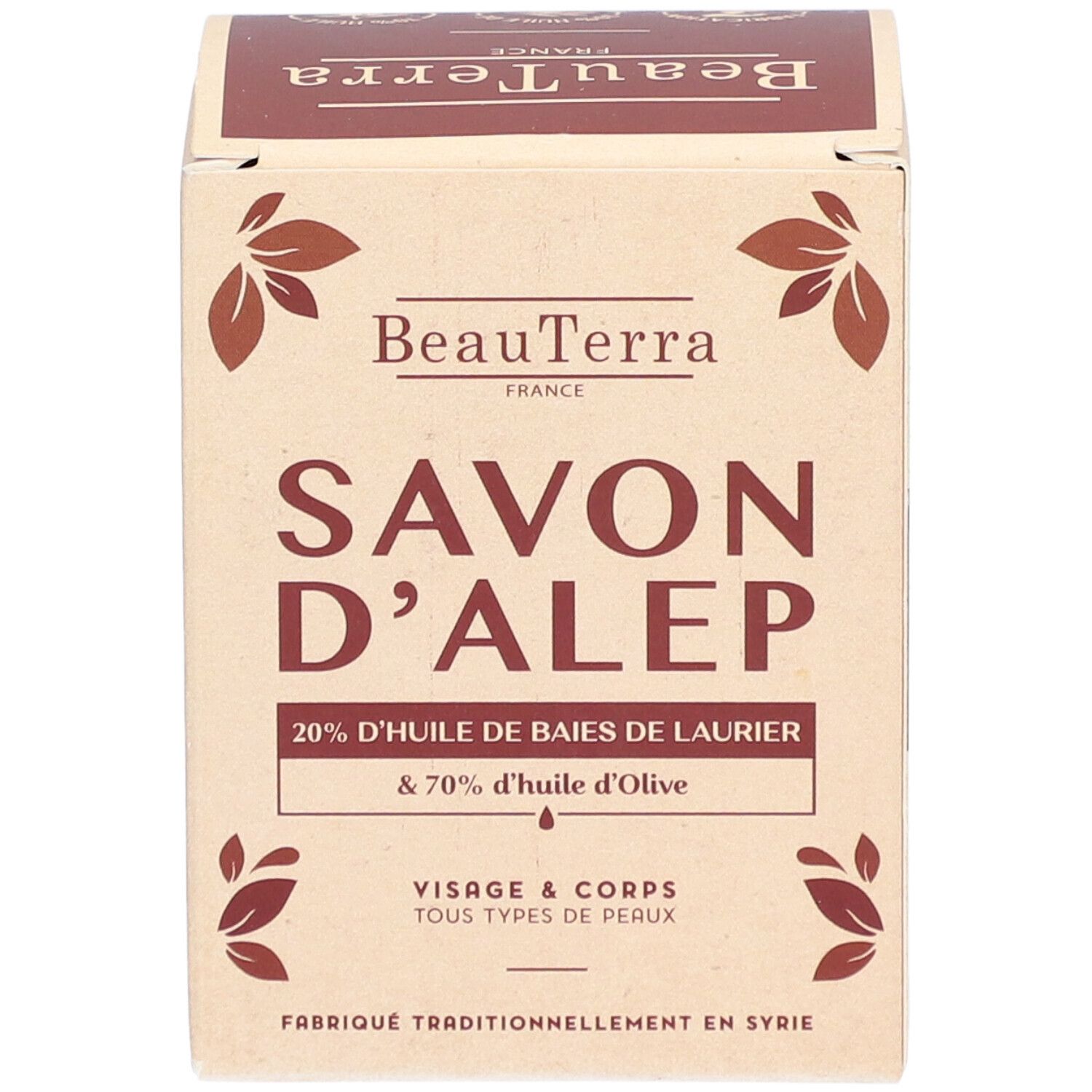 Boîte en carton "Savon d'Alep". Contient 20% huile de baies de laurier et 70% huile d'olive. Pour visage & corps, tous types de peaux.