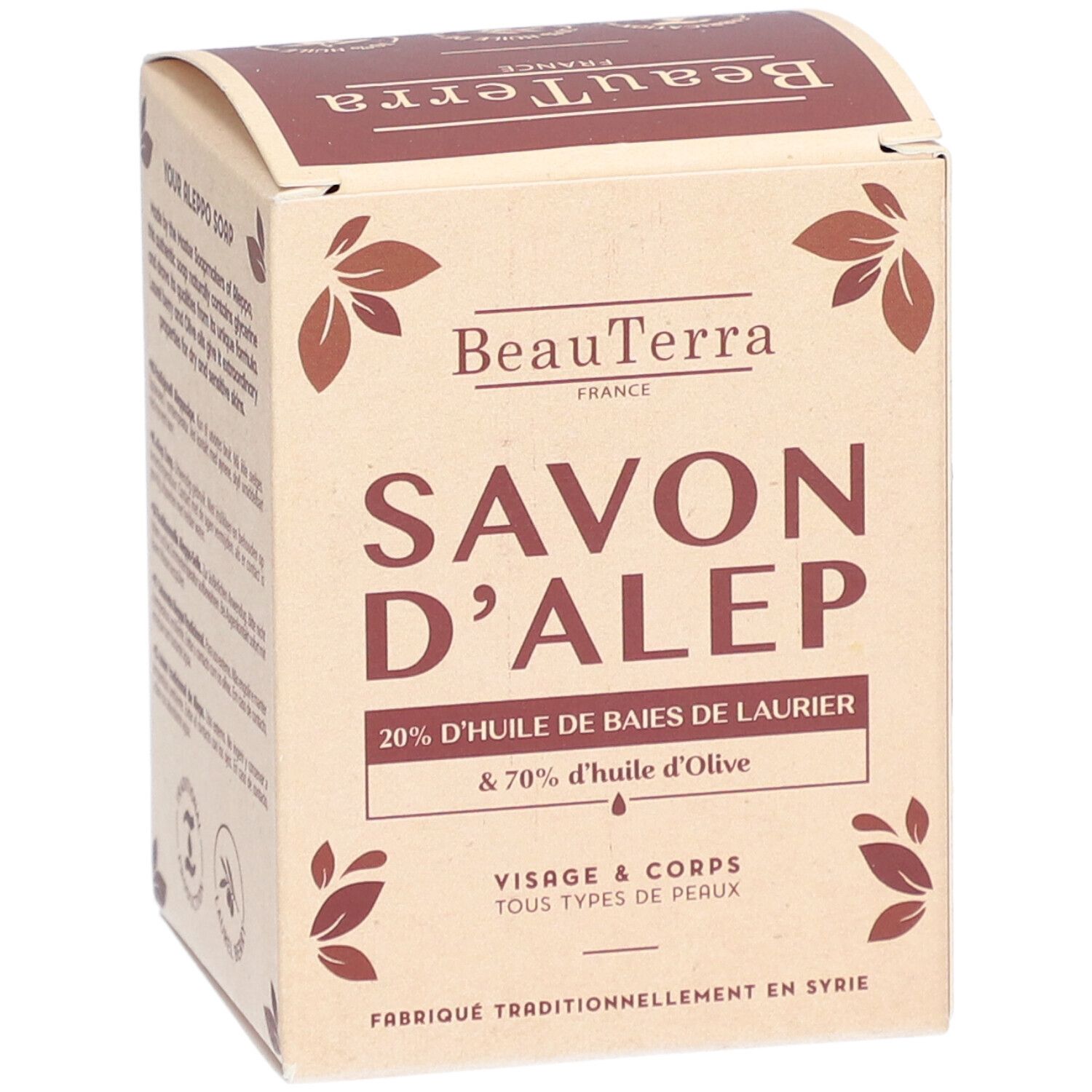 Boîte en carton "Savon d'Alep". Contient 20% huile de baies de laurier et 70% huile d'olive. Pour visage & corps, tous types de peaux.