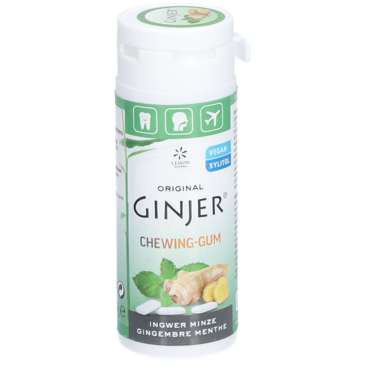Boîte blanche avec étiquette verte. Inscription : GINJER CHEWING-GUM. Illustration de gingembre et menthe. Vegan, Xylitol.