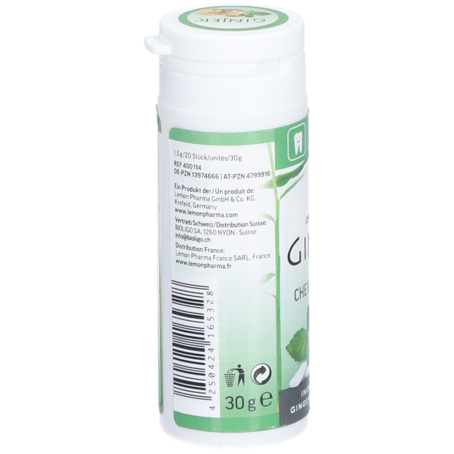 Dos de la boîte blanche. Texte : ingrédients, informations fabricant, 30g e. Design vert et blanc.