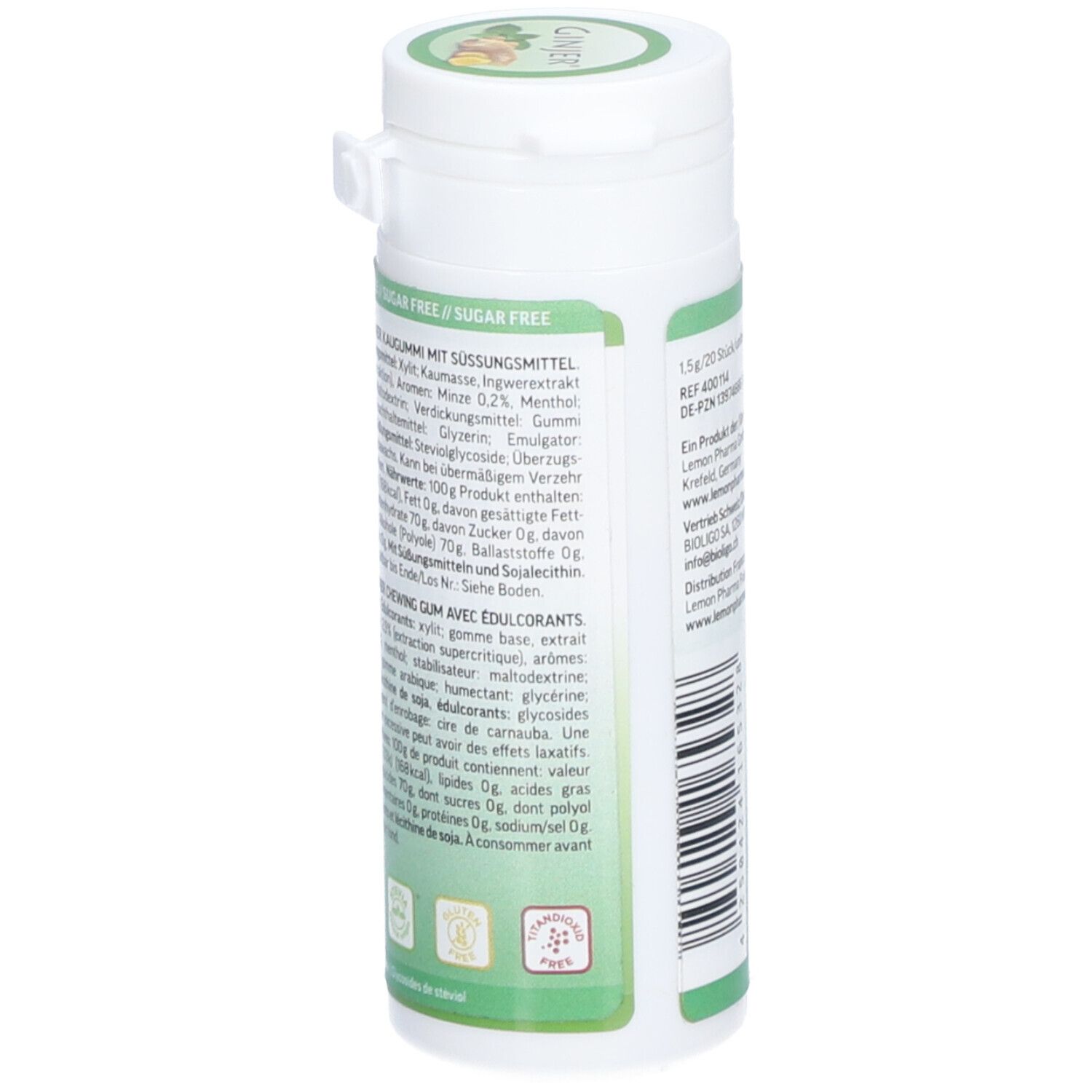 Boîte avec ingrédients. Texte : Sans sucre, ingrédients, valeurs nutritionnelles. Design vert et blanc. Label vegan.