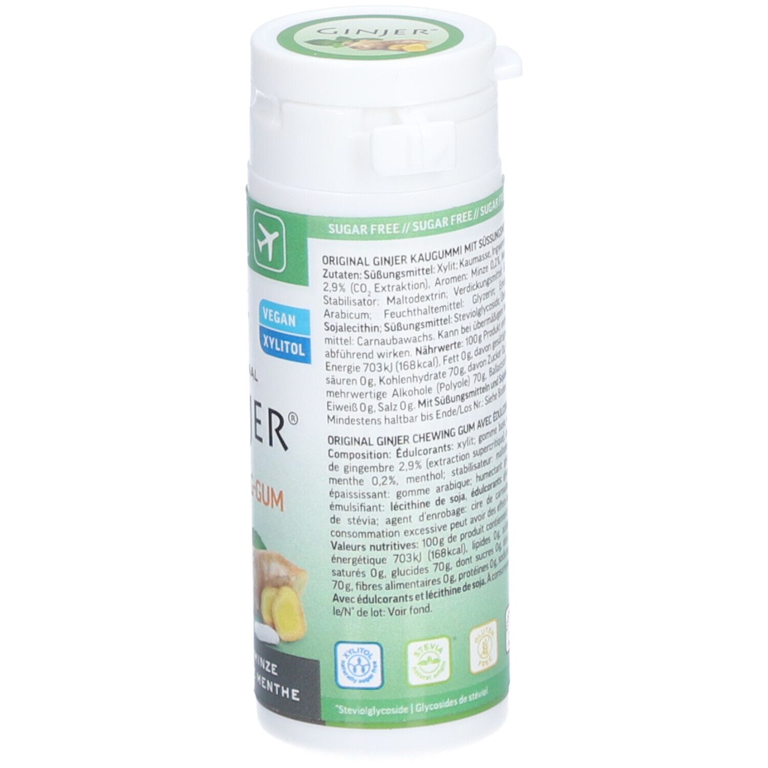 Boîte avec ingrédients. Texte : Sans sucre, ingrédients, valeurs nutritionnelles. Design vert et blanc. Label vegan.
