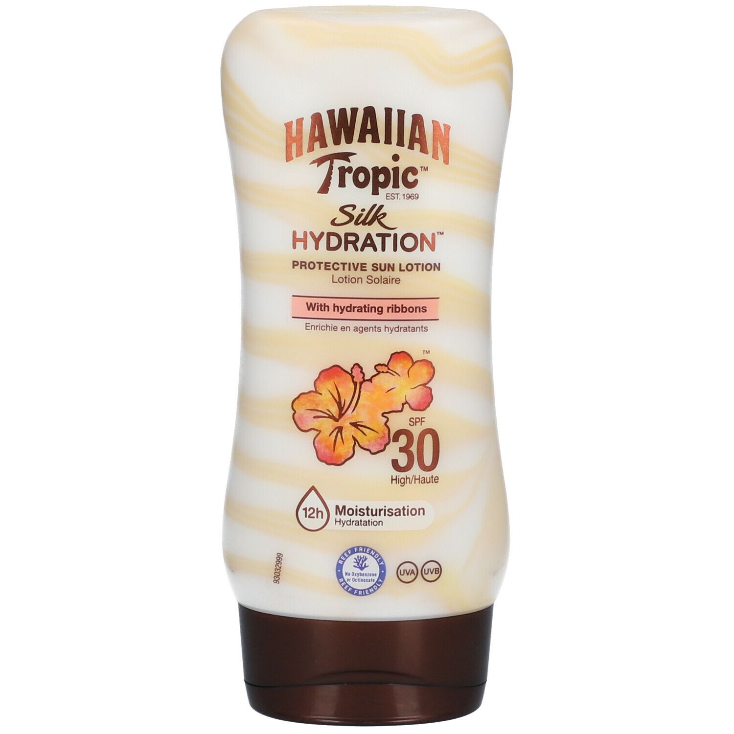 Flacon de lotion solaire. Marbré blanc et beige. Bouchon marron. Texte: Hawaiian Tropic Silk Hydration SPF 30. Fleur.