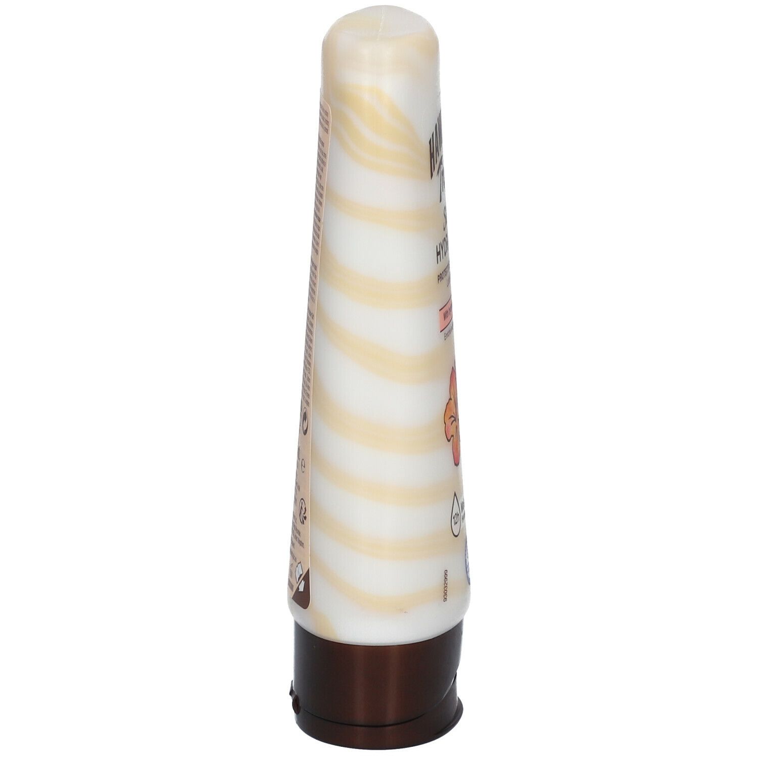 Flacon de lotion solaire, vue latérale. Marbré blanc et beige. Bouchon marron. Texte sur le flacon.