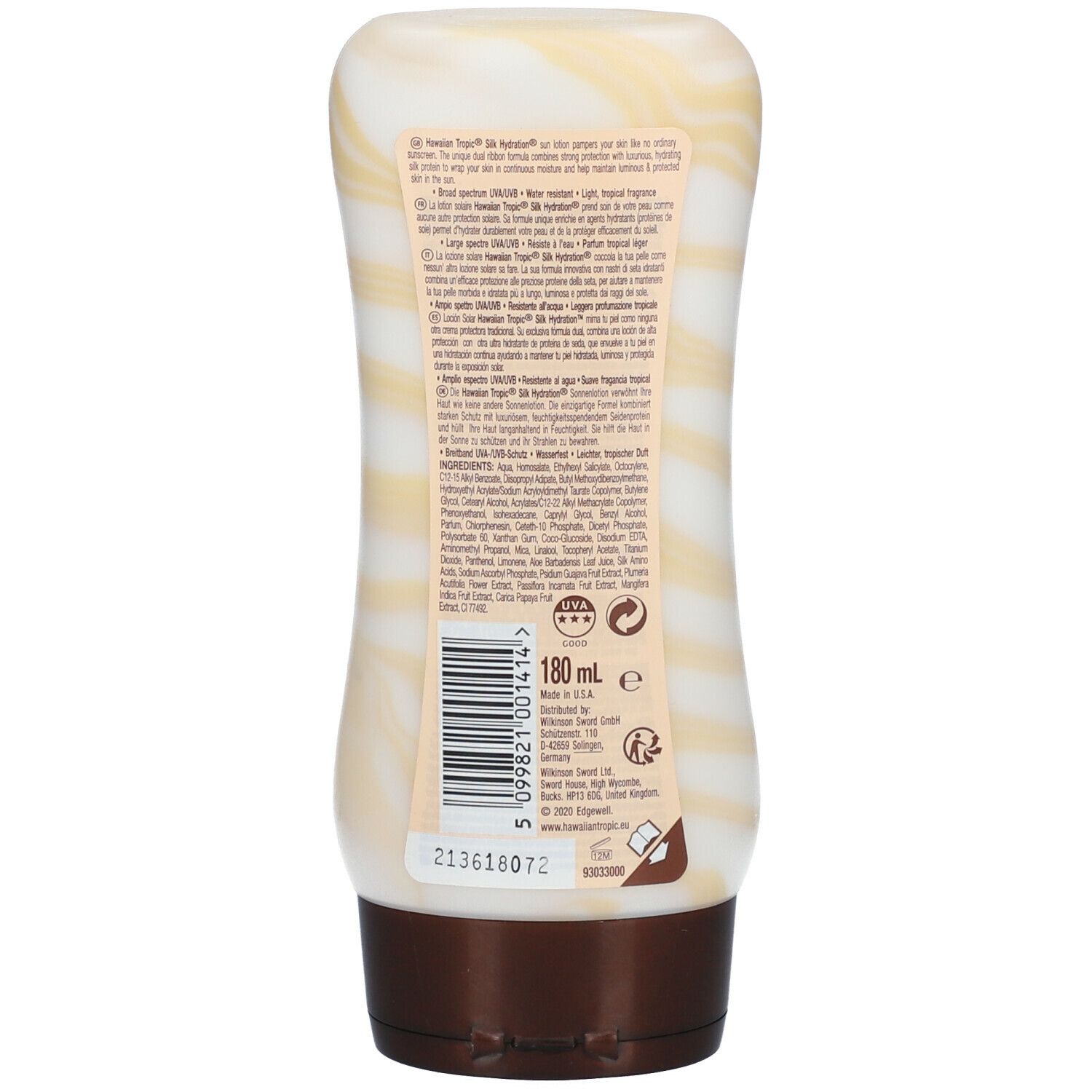 Dos du flacon de lotion solaire. Marbré blanc et beige. Bouchon marron. Texte et code-barres.