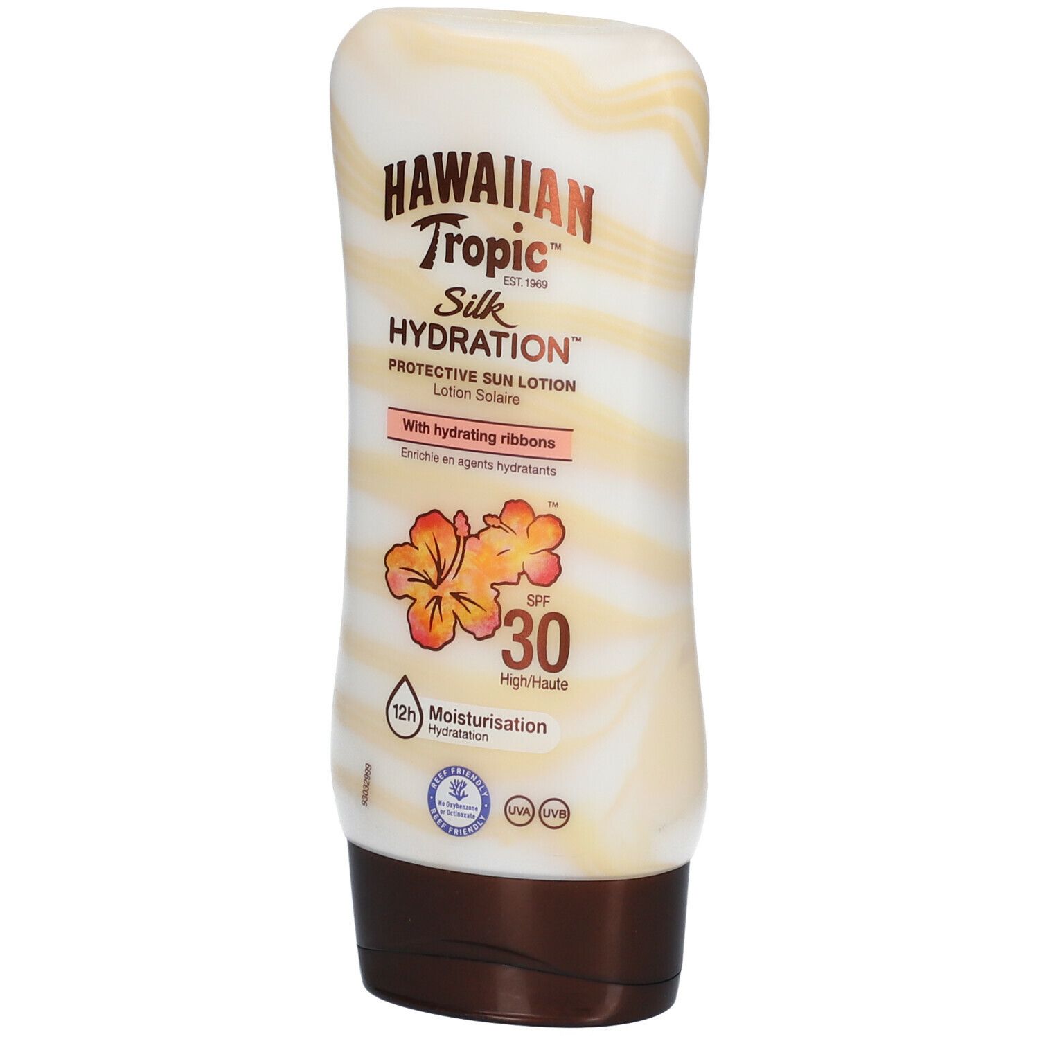 Flacon de lotion solaire. Marbré blanc et beige. Bouchon marron. Texte: Hawaiian Tropic Silk Hydration SPF 30. Fleur.